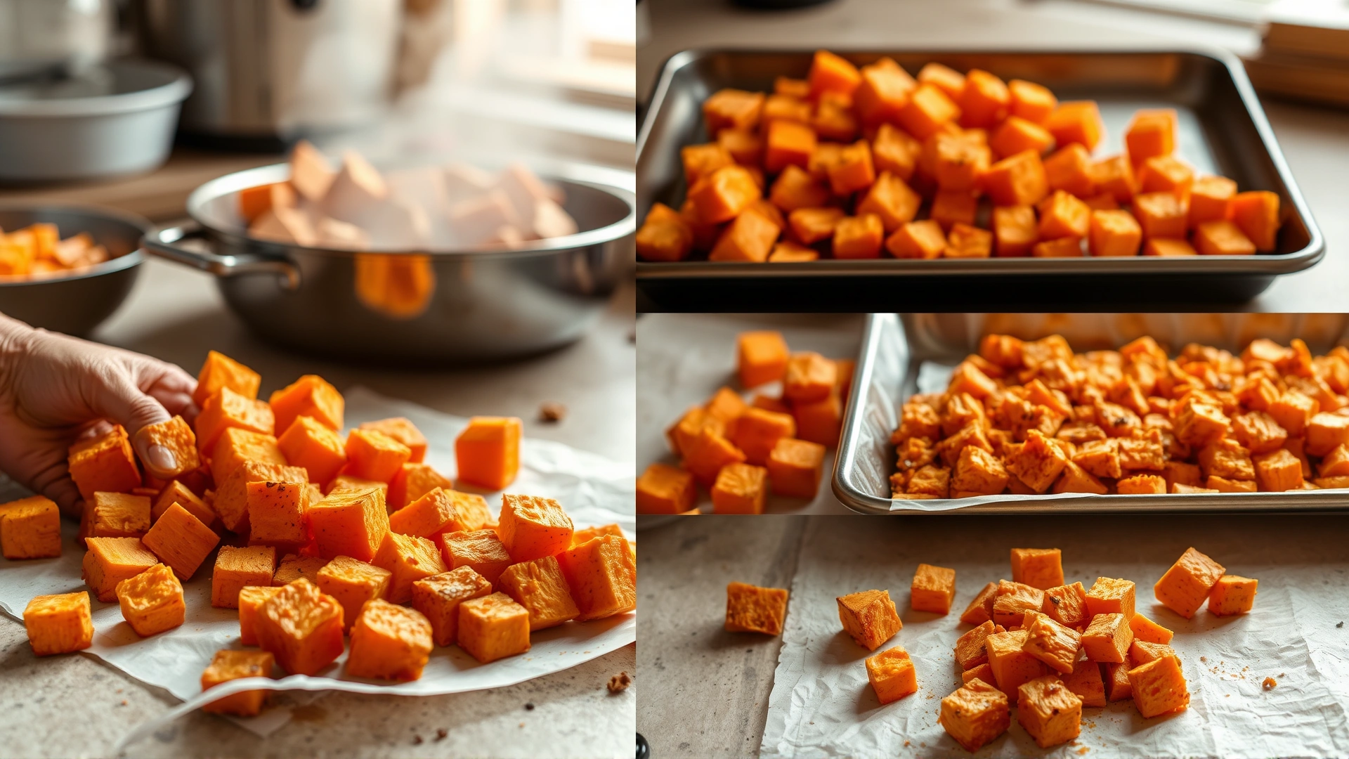Collage-style image of sweet potato cubes being steamed, mashed, and baked on parchment paper, kitchen counter setting.