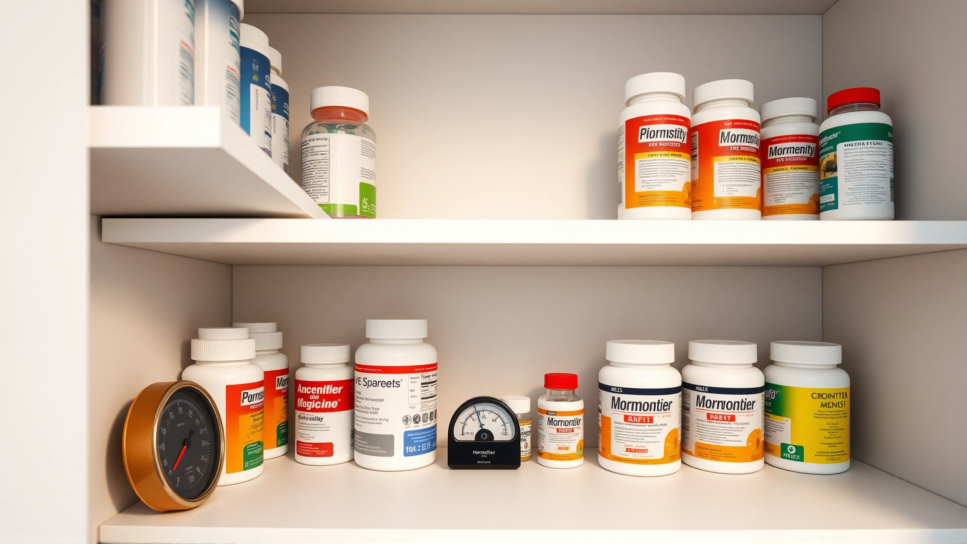 Shelf in a cool, dry closet with a small hygrometer showing ideal temperature and humidity beside pet medicines