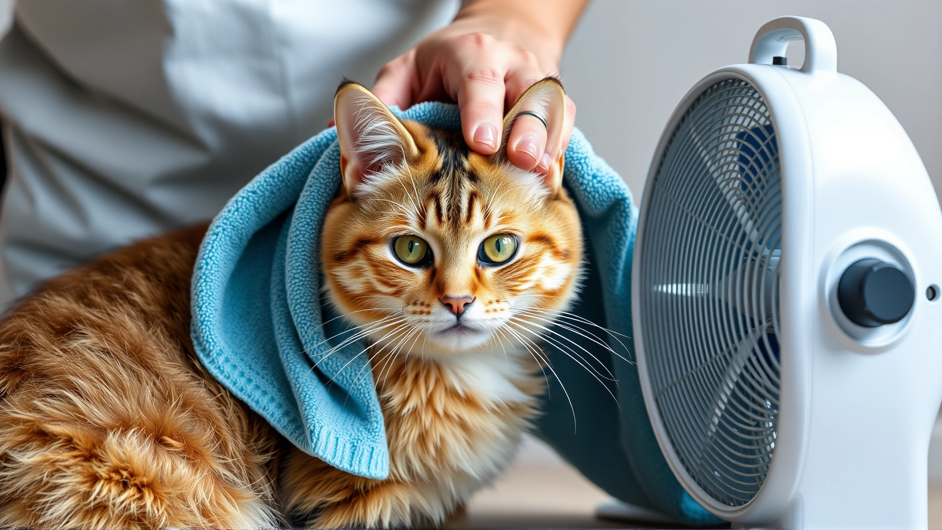 An owner gently placing a cool, damp towel over a cat next to a small fan for heat relief