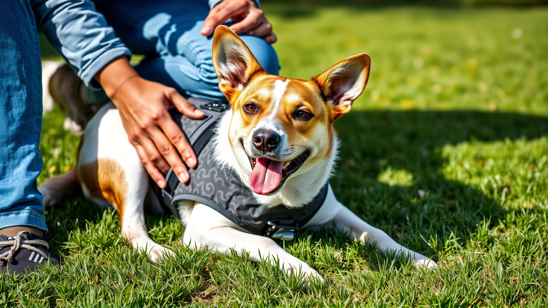 Dog lying on shaded grass wearing a cooling vest while owner gently pats it