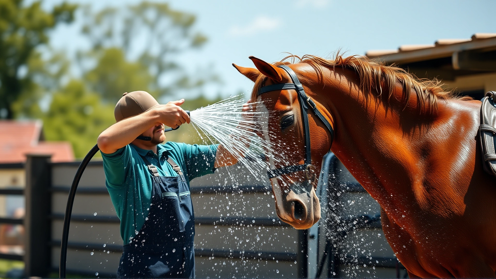 Stable worker gently hosing down a horse with cool water after exercise, refreshing water droplets captured mid-air, sunny day – horizontal composition