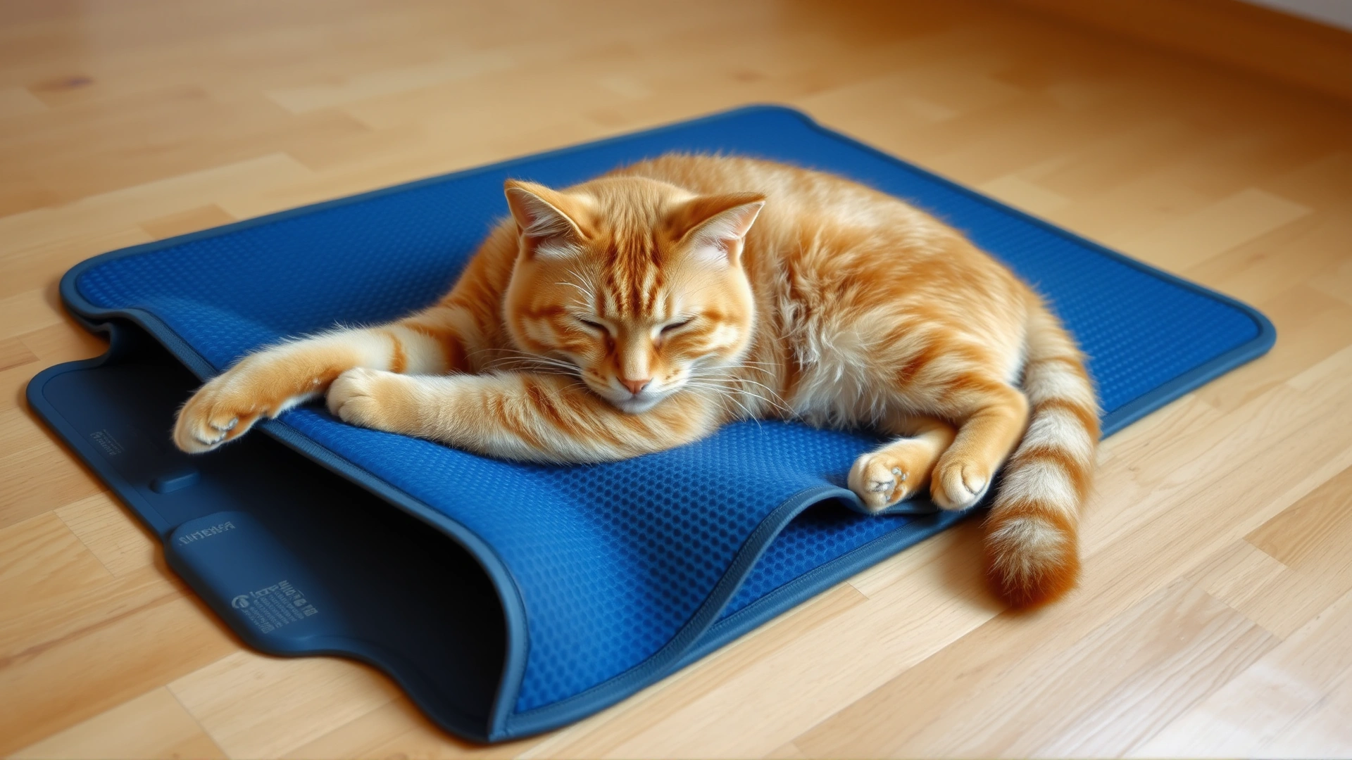 A ginger cat comfortably resting on a blue gel cooling mat on a wooden floor, looking relaxed and refreshed.