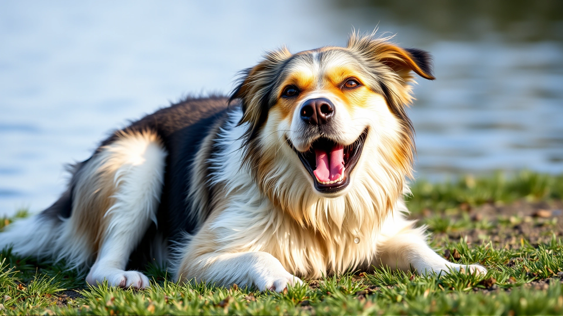 Happy mixed-breed dog lying on a grassy bank after swimming, tongue out, water droplets on fur, with the lake softly blurred behind.