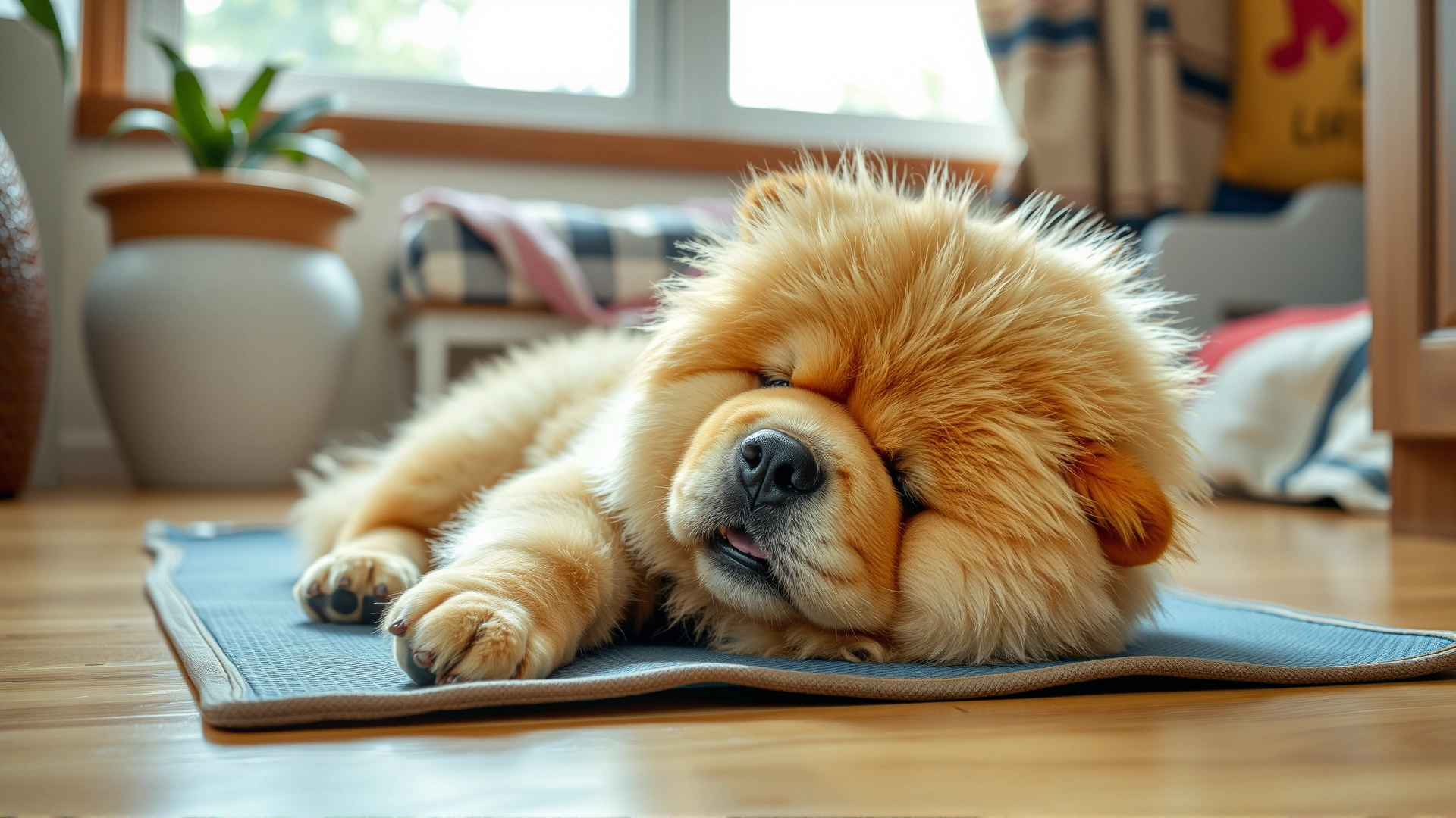 Chow Chow resting on a cooling mat indoors during hot summer day, panting lightly