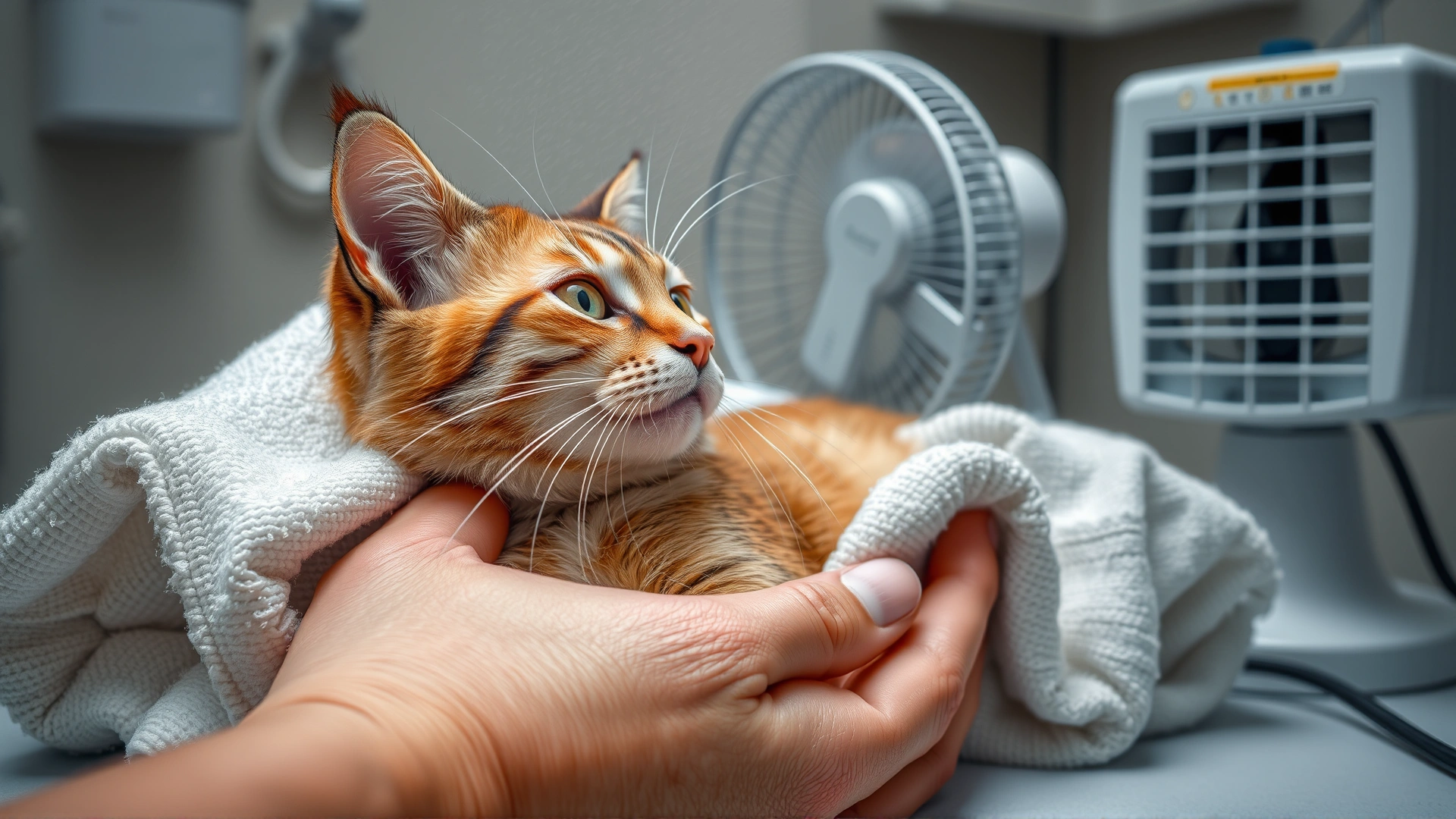 Cat being gently cooled with damp towels while a small fan blows over it in a clinic.
