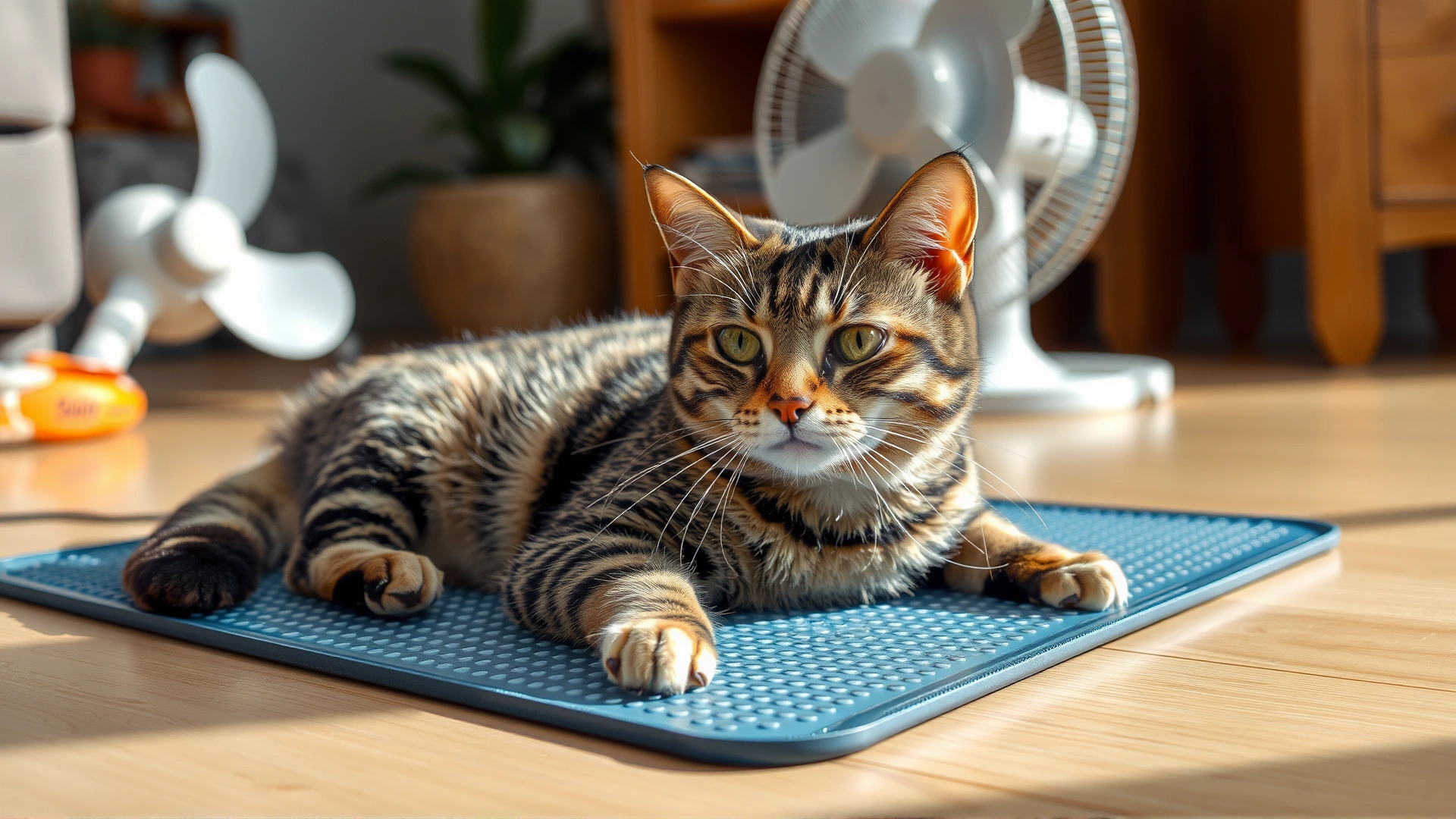 Indoor scene with a cat lying on a cool gel mat while a fan blows in the background, demonstrating alternative cooling methods, high-resolution photo.