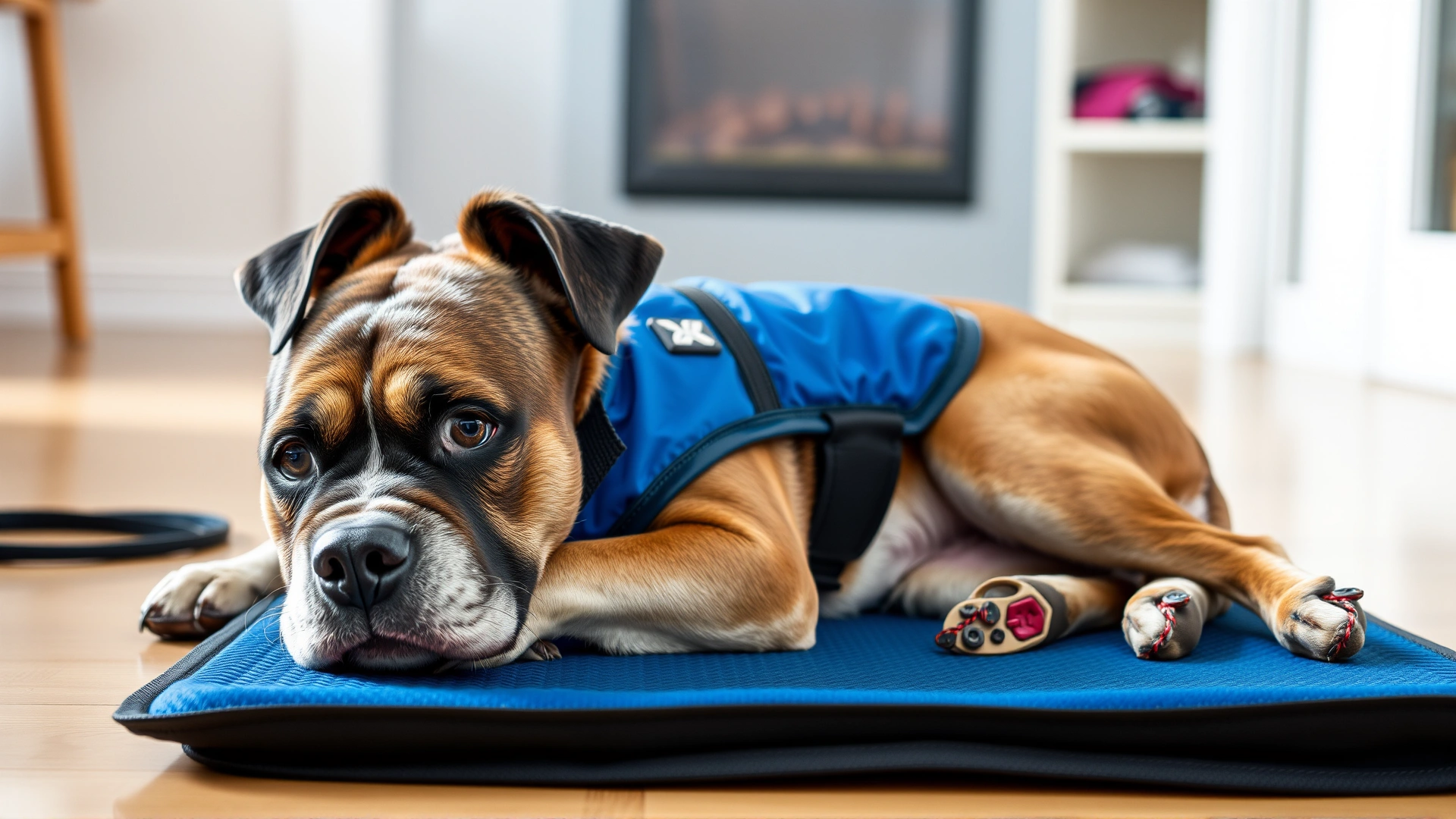 Medium-sized dog wearing a blue cooling vest while lying on a gel cooling mat indoors, bright and clear image, no text