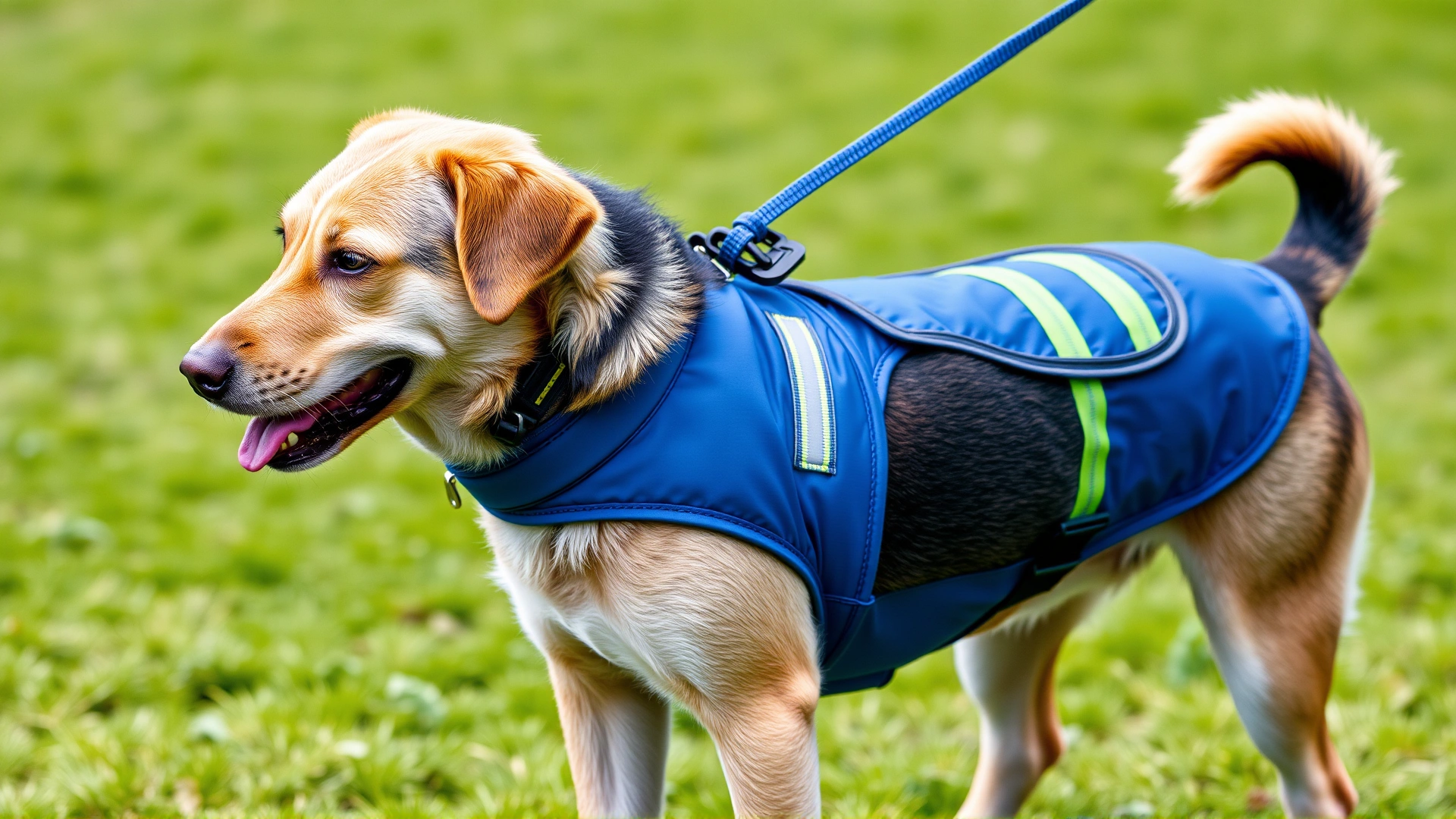 Medium-sized dog wearing a blue cooling vest and reflective leash, standing on grassy field ready for a summer walk.