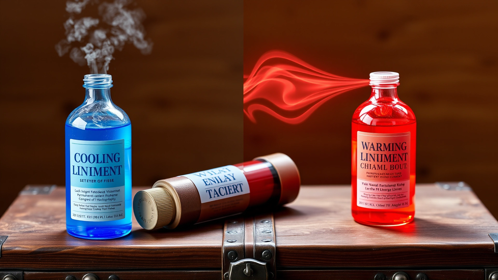 Split composition image showing a blue-tinted cooling liniment bottle with subtle icy mist on the left and a red-tinted warming liniment bottle emitting gentle heat waves on the right, both on a wooden tack trunk.