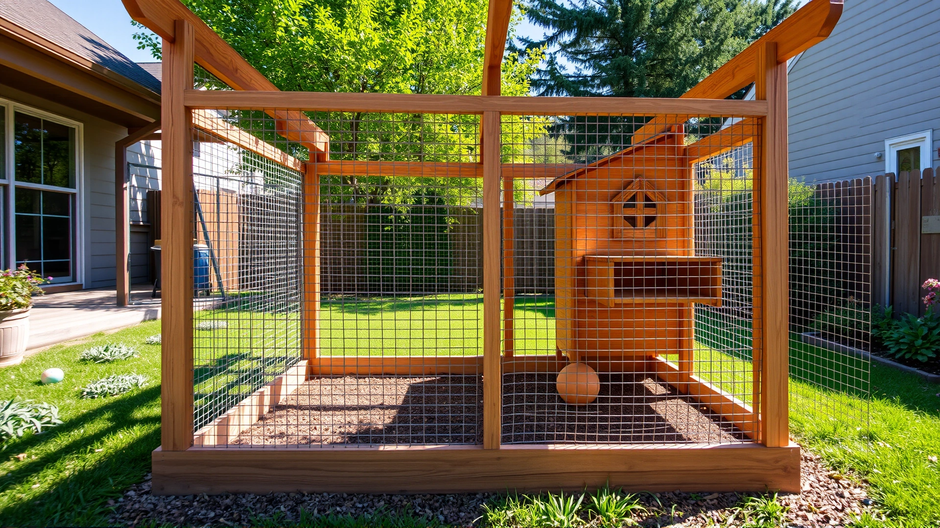 Spacious wooden chicken coop with secure wire mesh run in a tidy suburban yard, shot on a bright day.