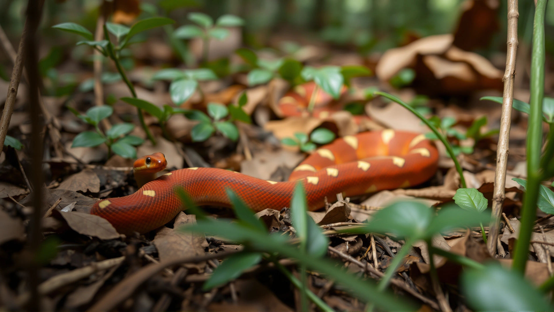 A coral snake slithering through forest leaf litter in its natural habitat, focus on the environment to show where cats might encounter it.