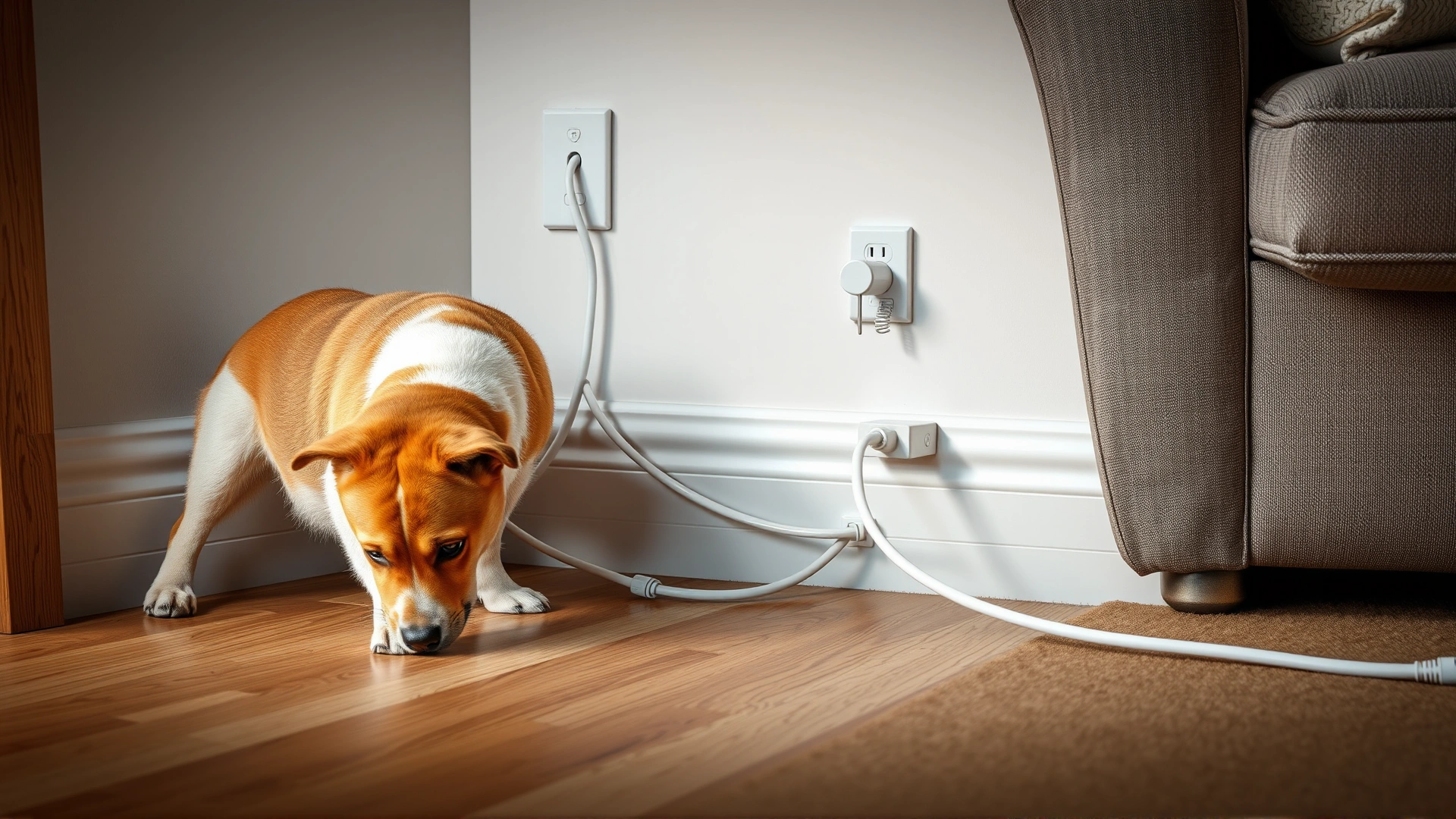 Dog-proofed living room corner showing electrical cords neatly tucked inside a protective plastic conduit, with a curious dog sniffing nearby but unable to reach them.