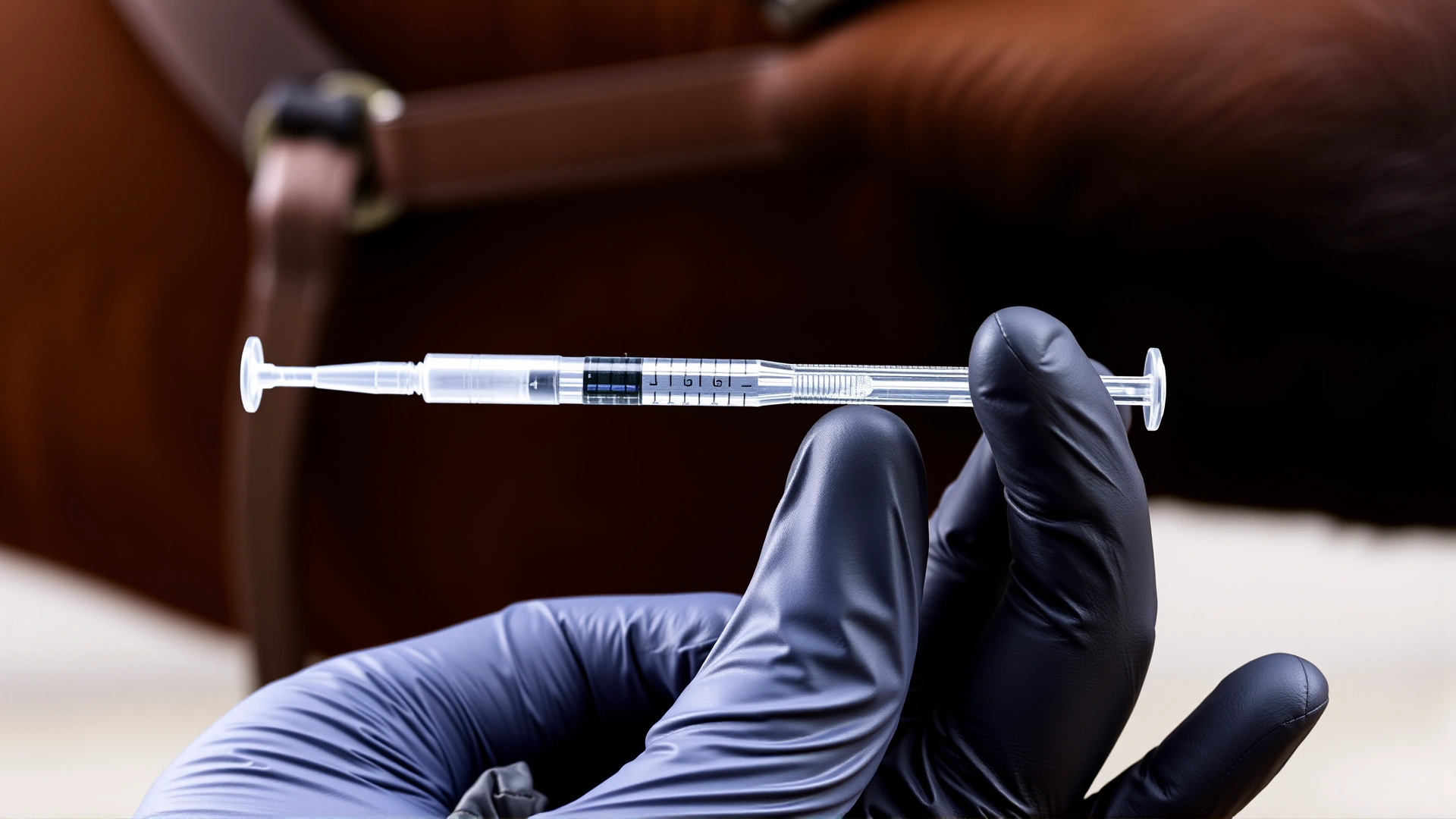 Close-up of a veterinarian’s gloved hand holding a syringe filled with vaccine next to a horse’s neck.