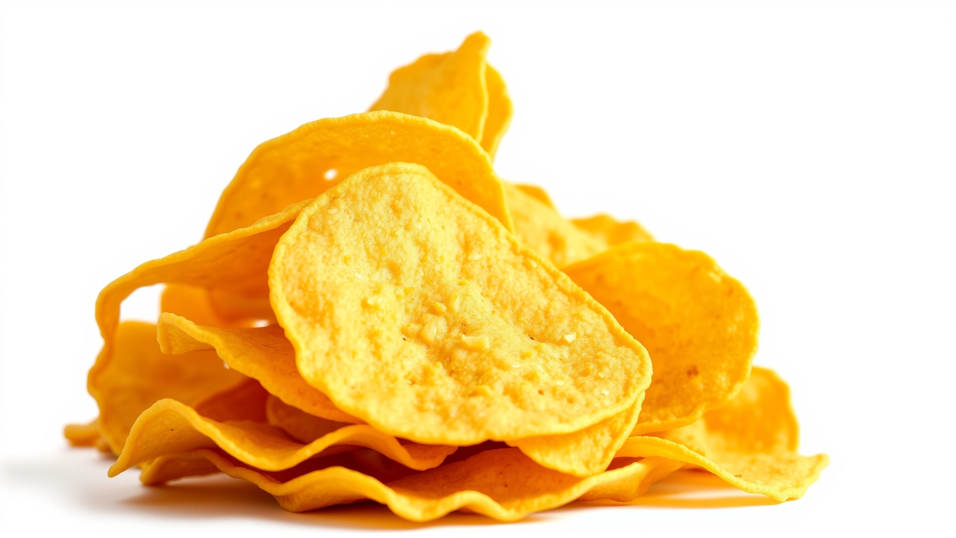 Pile of crispy yellow corn tortilla chips isolated on a clean white background