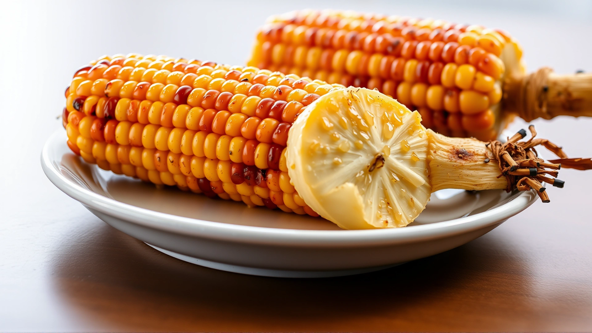 Freshly cooked corn on the cob with visible water droplets placed on a white ceramic plate