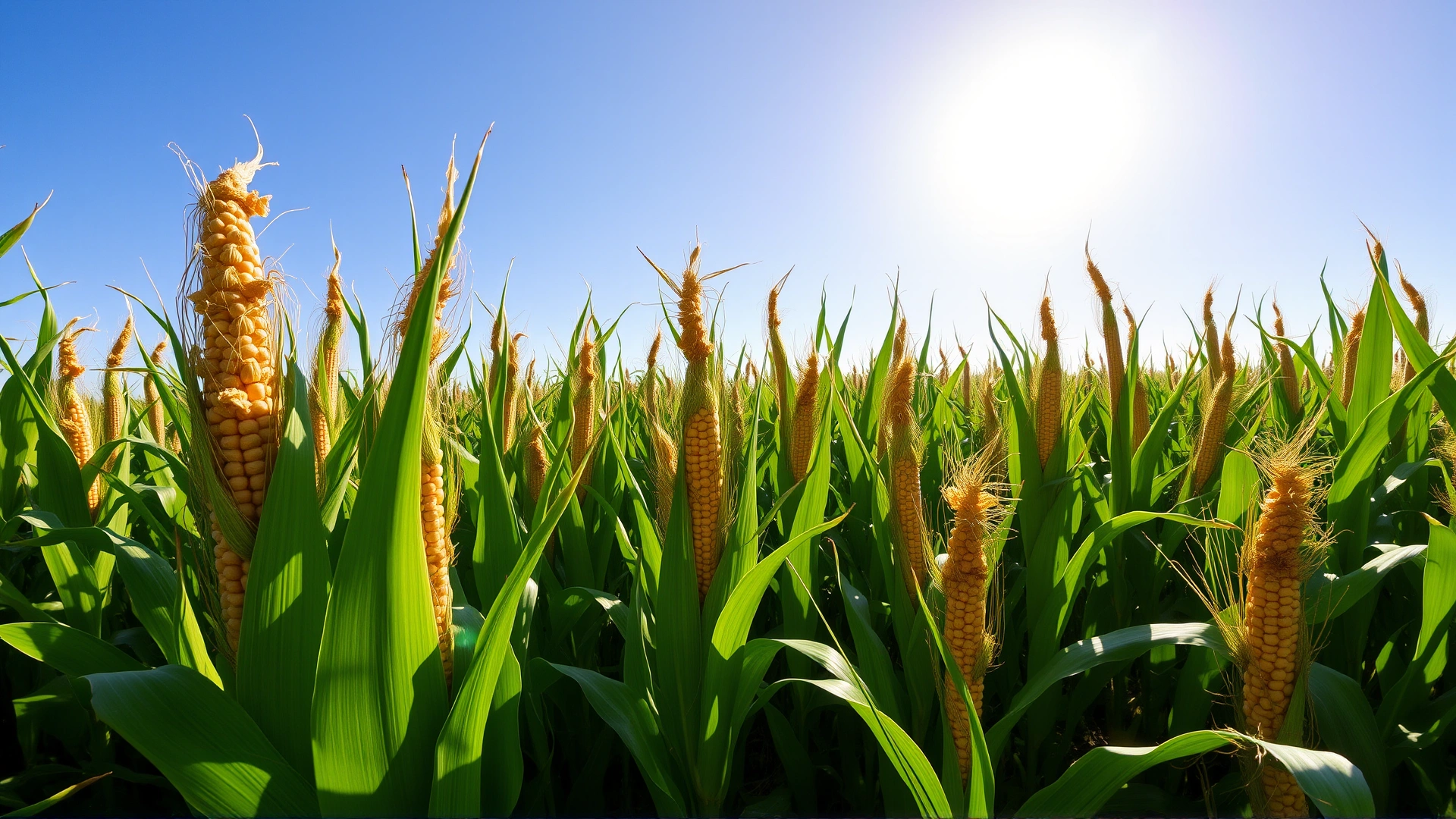 Wide angle view of a sunlit cornfield with tall green stalks and golden tassels under a bright blue sky