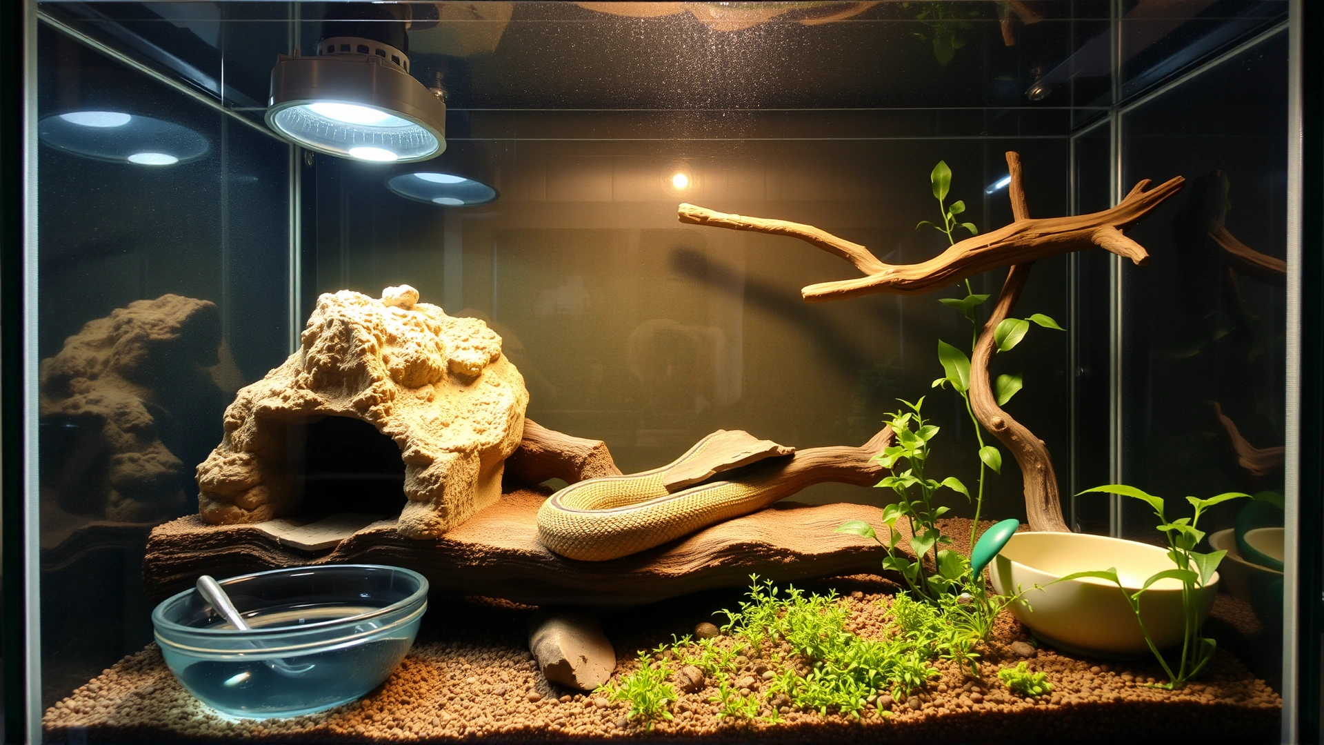 Spacious 40-gallon glass terrarium setup for a corn snake, including heat lamp, hiding caves, climbing branch, water bowl, and naturalistic substrate, front angle view