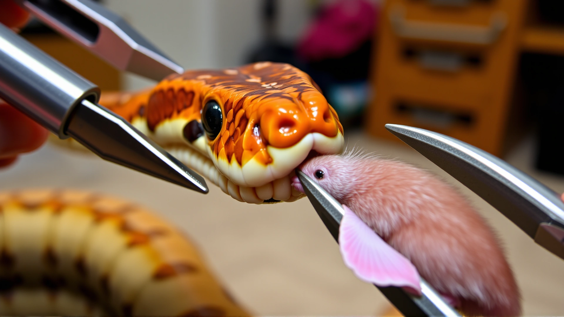 Corn snake gently eating a thawed pinky mouse held with feeding tongs; focus on snake head and prey, indoor setting