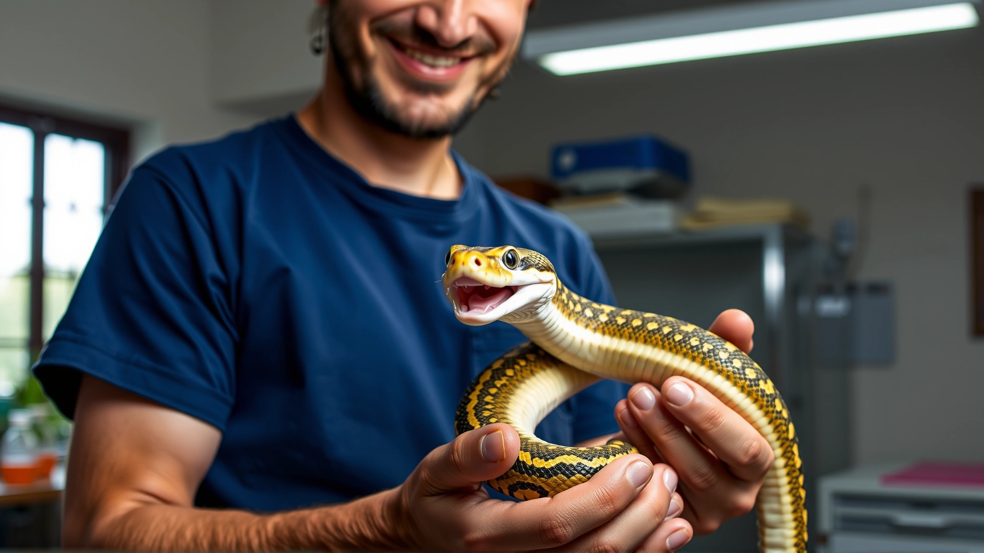Smiling reptile keeper holding a corn snake with both hands, providing full body support, bright indoor environment