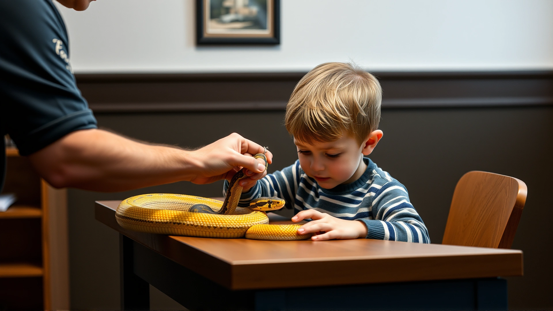 Older child supervised by a parent while gently handling a corn snake over a table in a calm indoor environment; natural lighting; no text