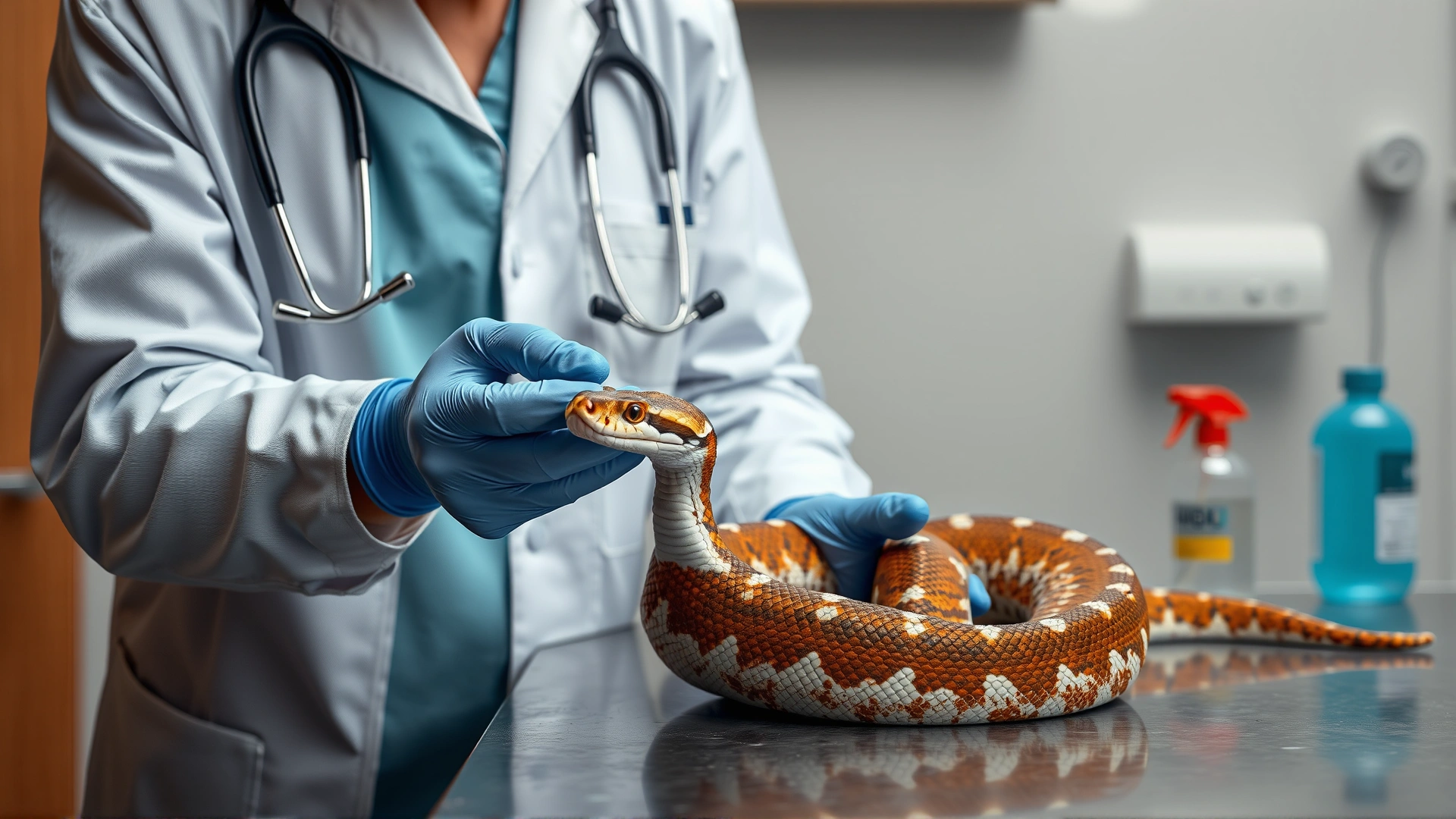 Veterinarian examining a corn snake on a clinic table, stethoscope and reptile-safe disinfectant in background
