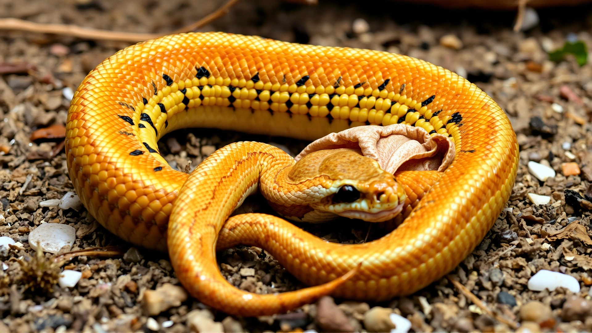 Corn snake in the process of shedding, halfway out of its old skin, shot on natural substrate