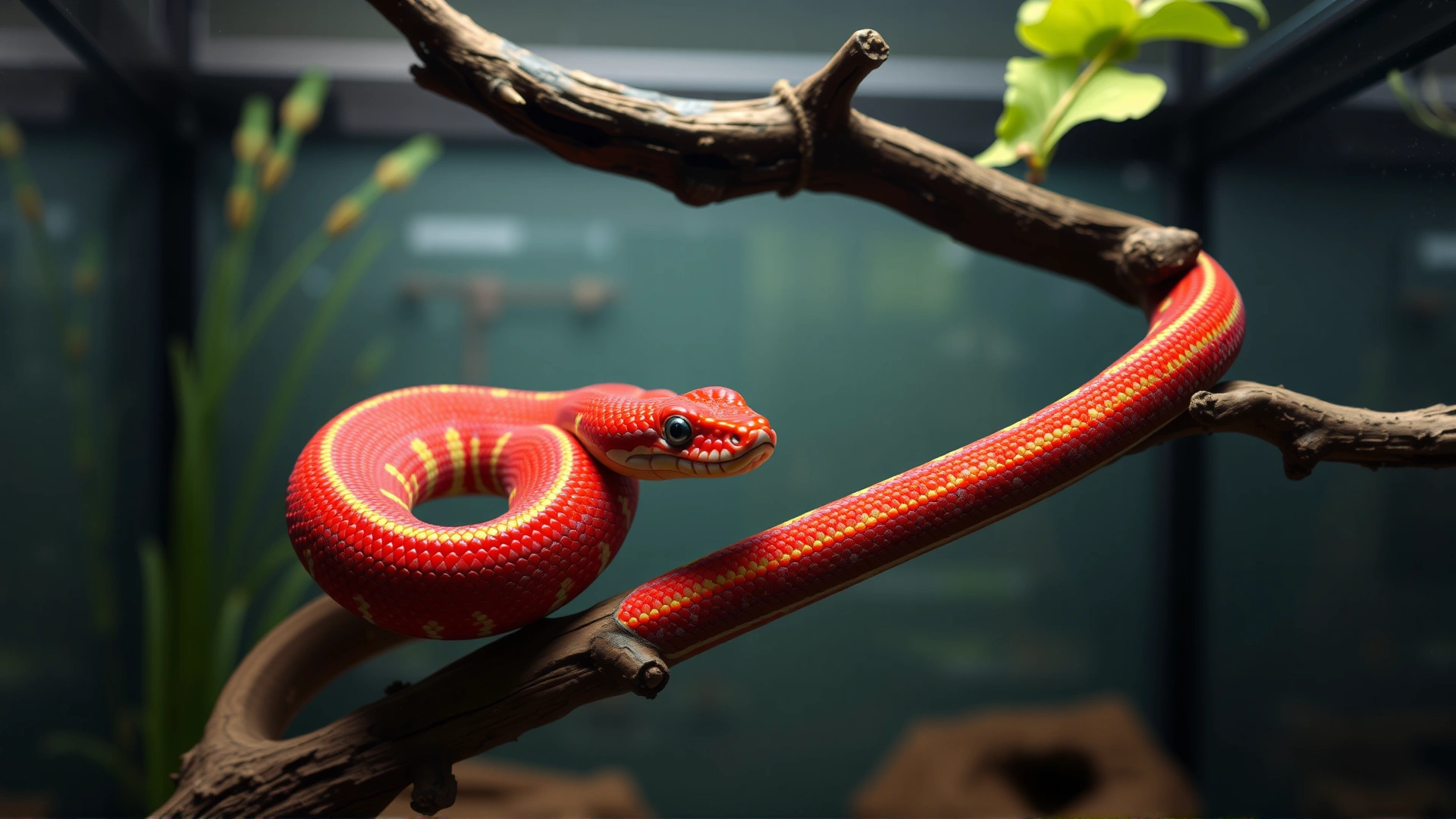 Vibrant red corn snake coiled loosely around a branch inside a terrarium, highlighting its colorful scales.