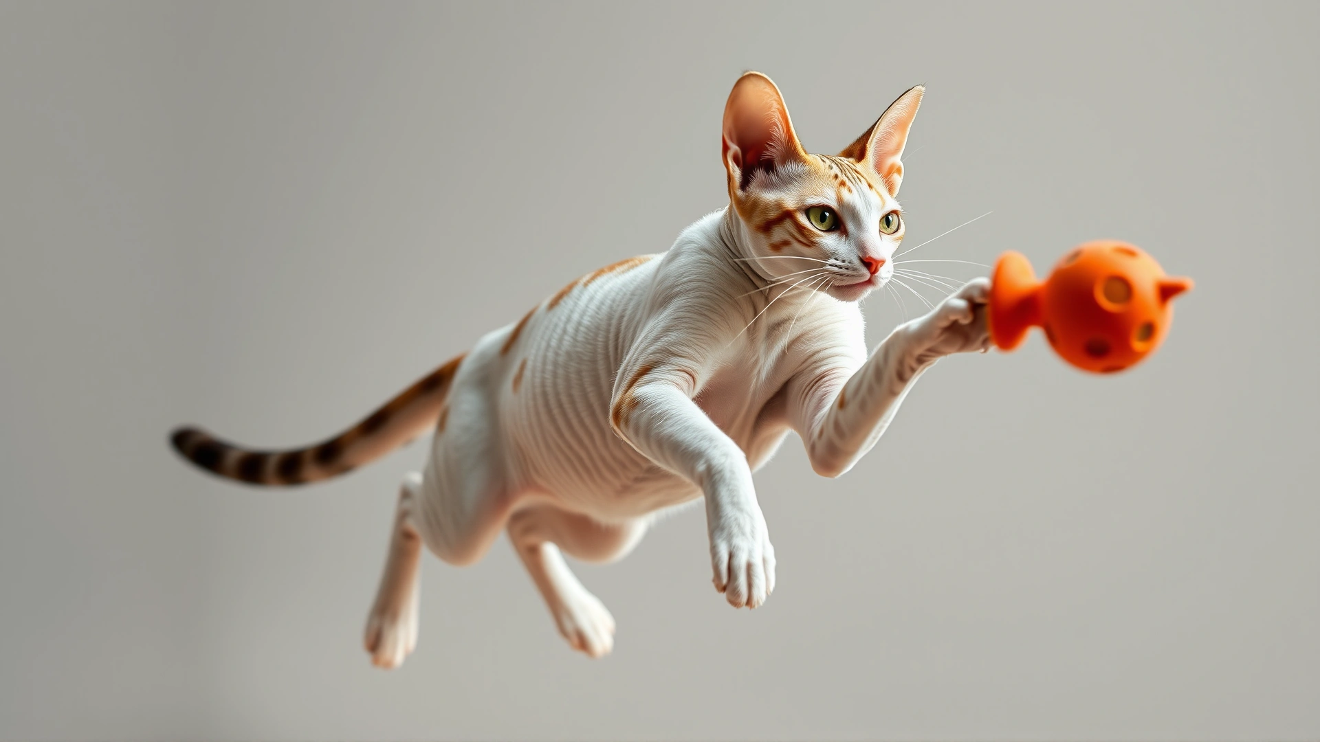 Cornish Rex cat with white coat mid-jump catching a toy, motion freeze frame, no text
