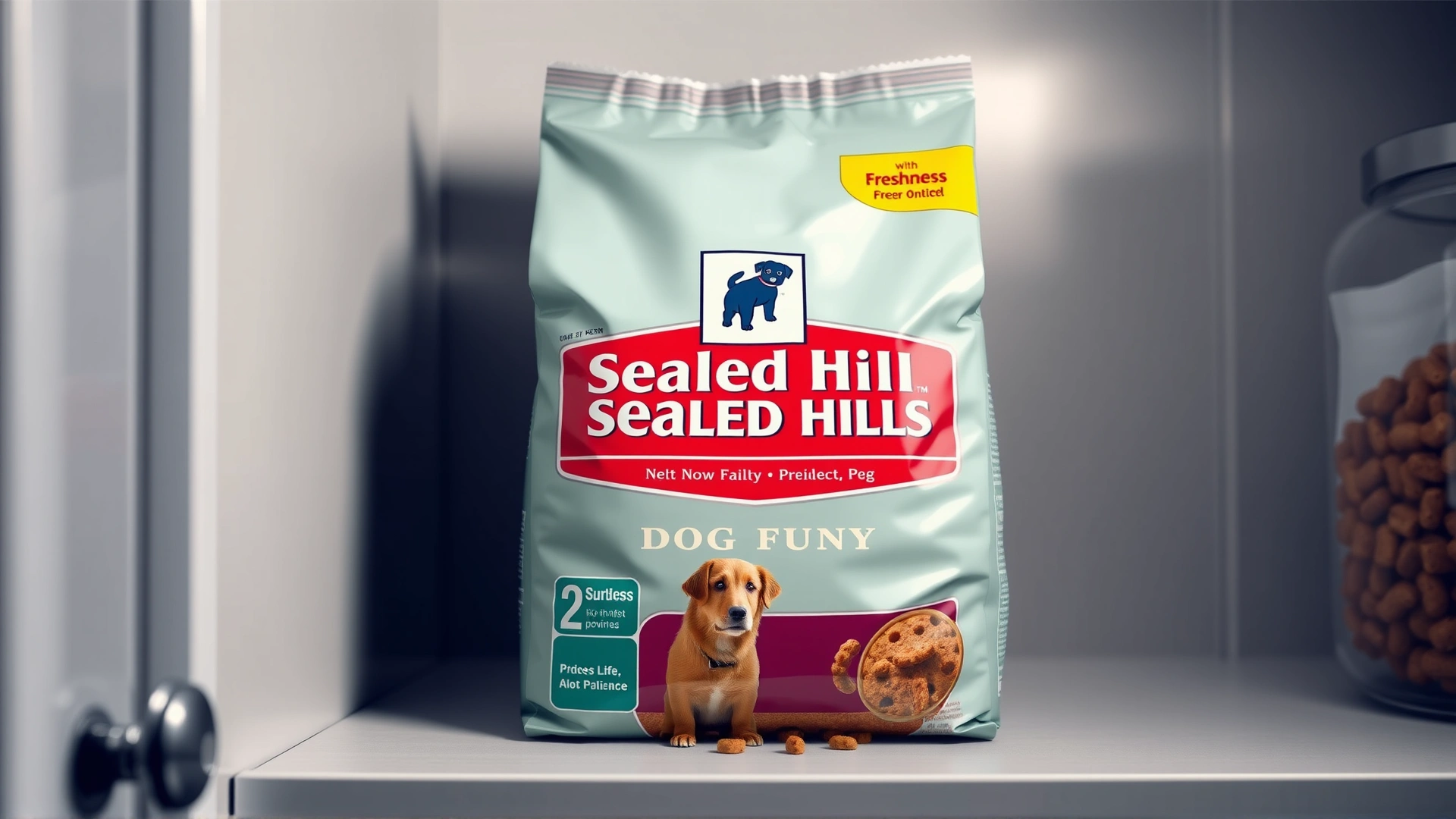Sealed Hill's dry dog food bag standing upright on a cool, dark pantry shelf, focus on the freshness clip.