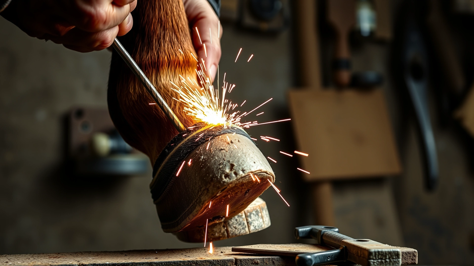 Farrier fitting a corrective shoe with toe extension on a horse’s hoof; sparks from rasping metal, workshop ambiance, focused on hoof and tools.