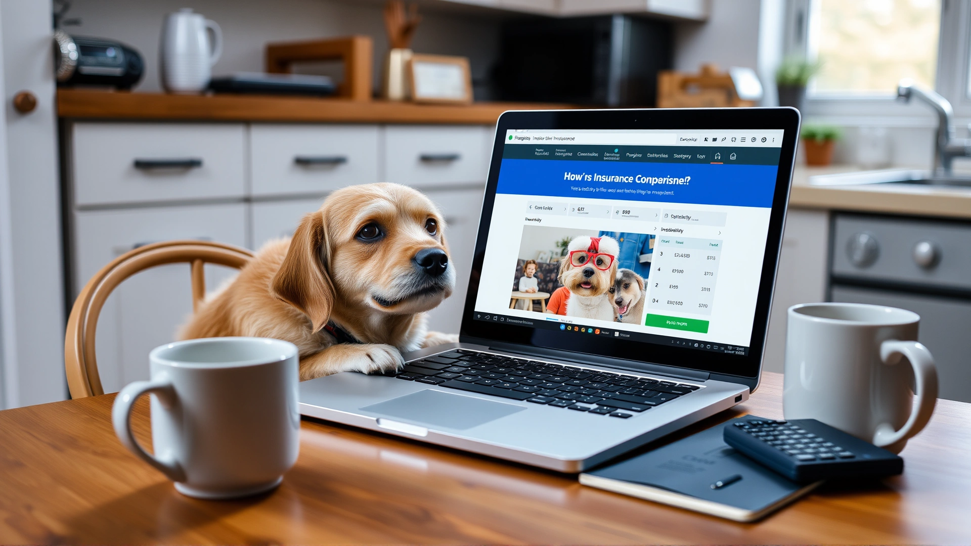 Dog owner sitting at kitchen table with laptop open on insurance comparison website, calculator and coffee mug beside, cozy home environment.