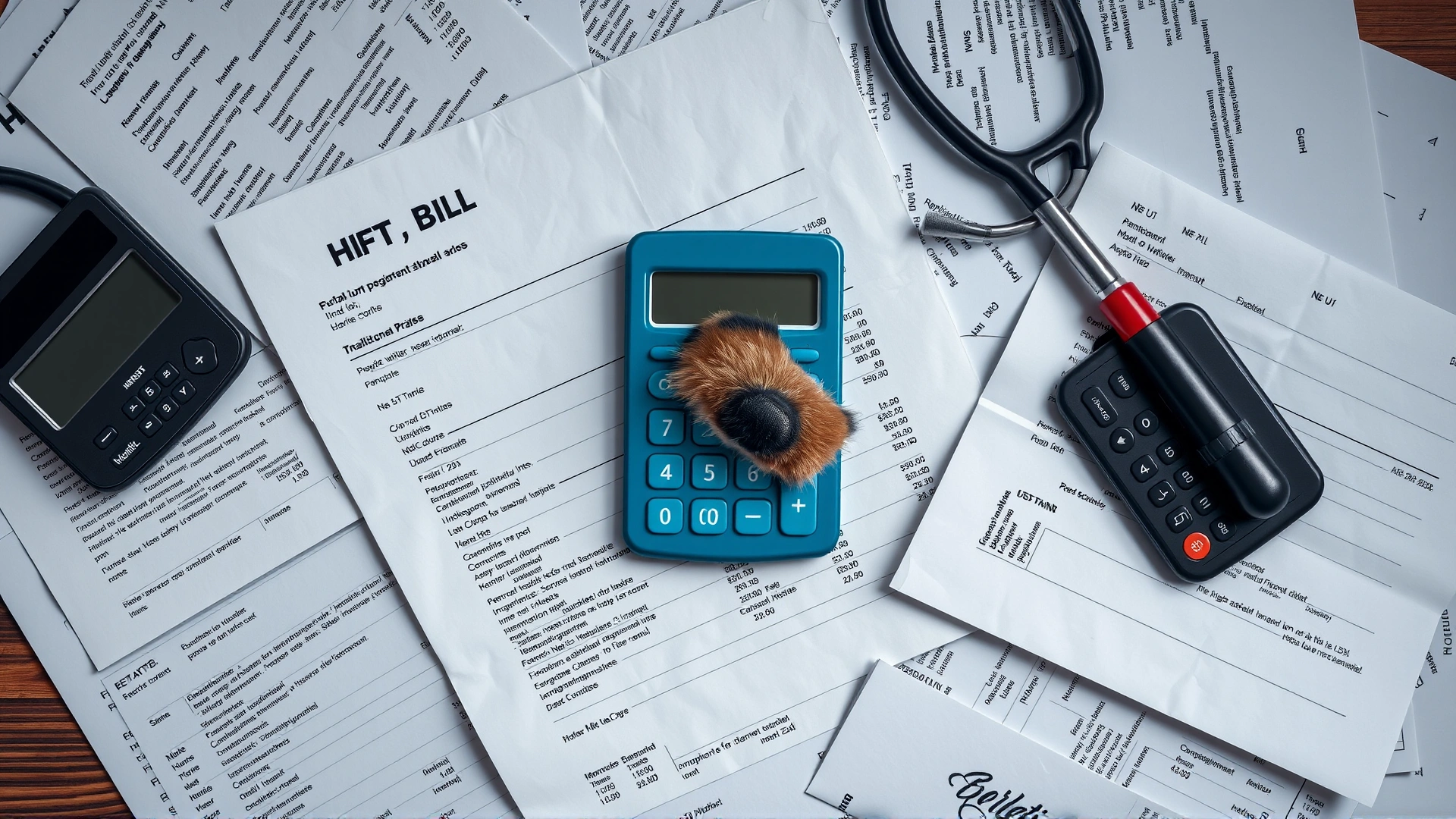 Top-down view of scattered vet bills, a calculator, and a small dog paw resting on the papers, symbolizing the financial aspect of pet healthcare costs.