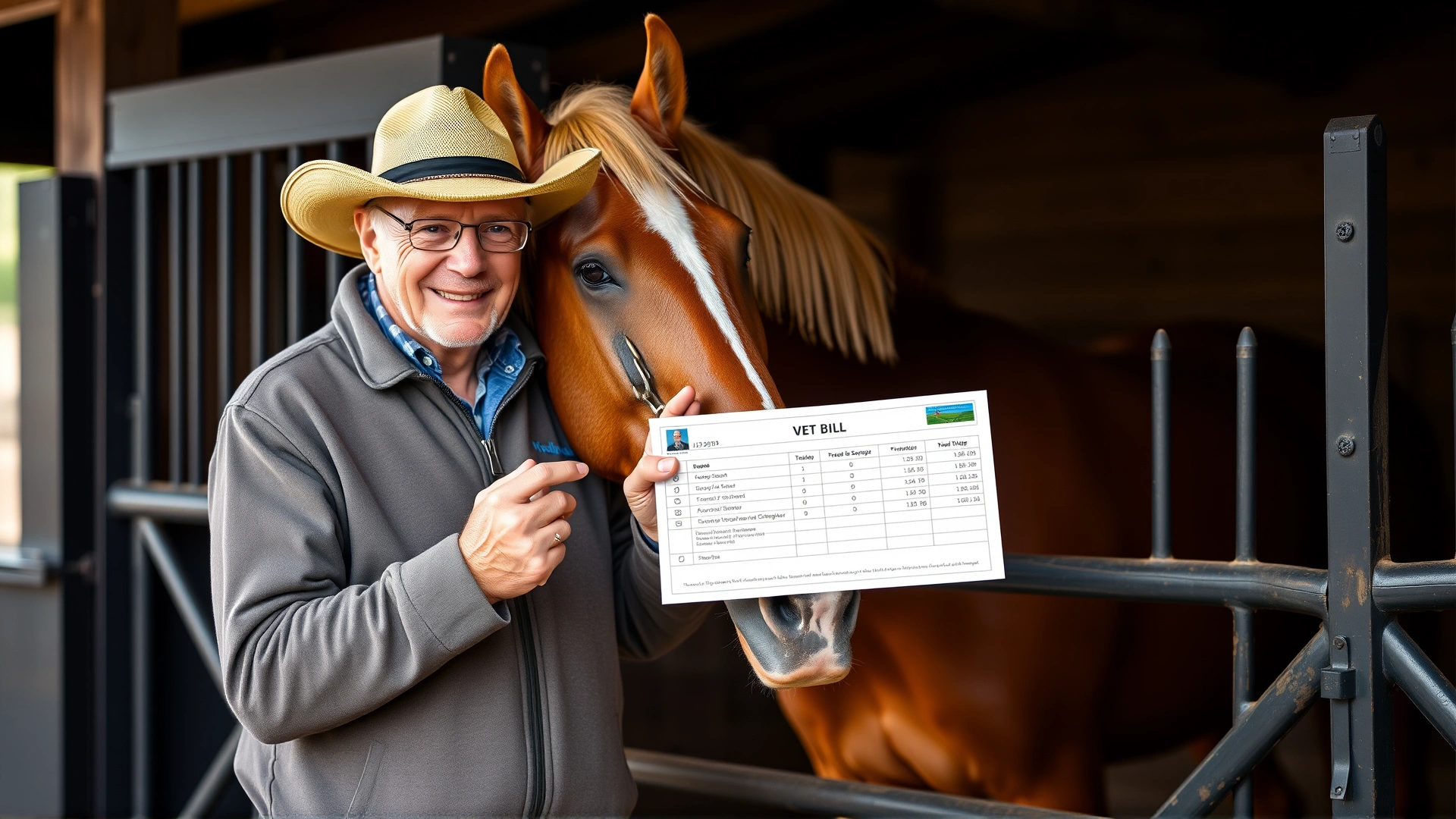 Owner holding a vet bill while standing next to a horse in stable, illustrating financial planning