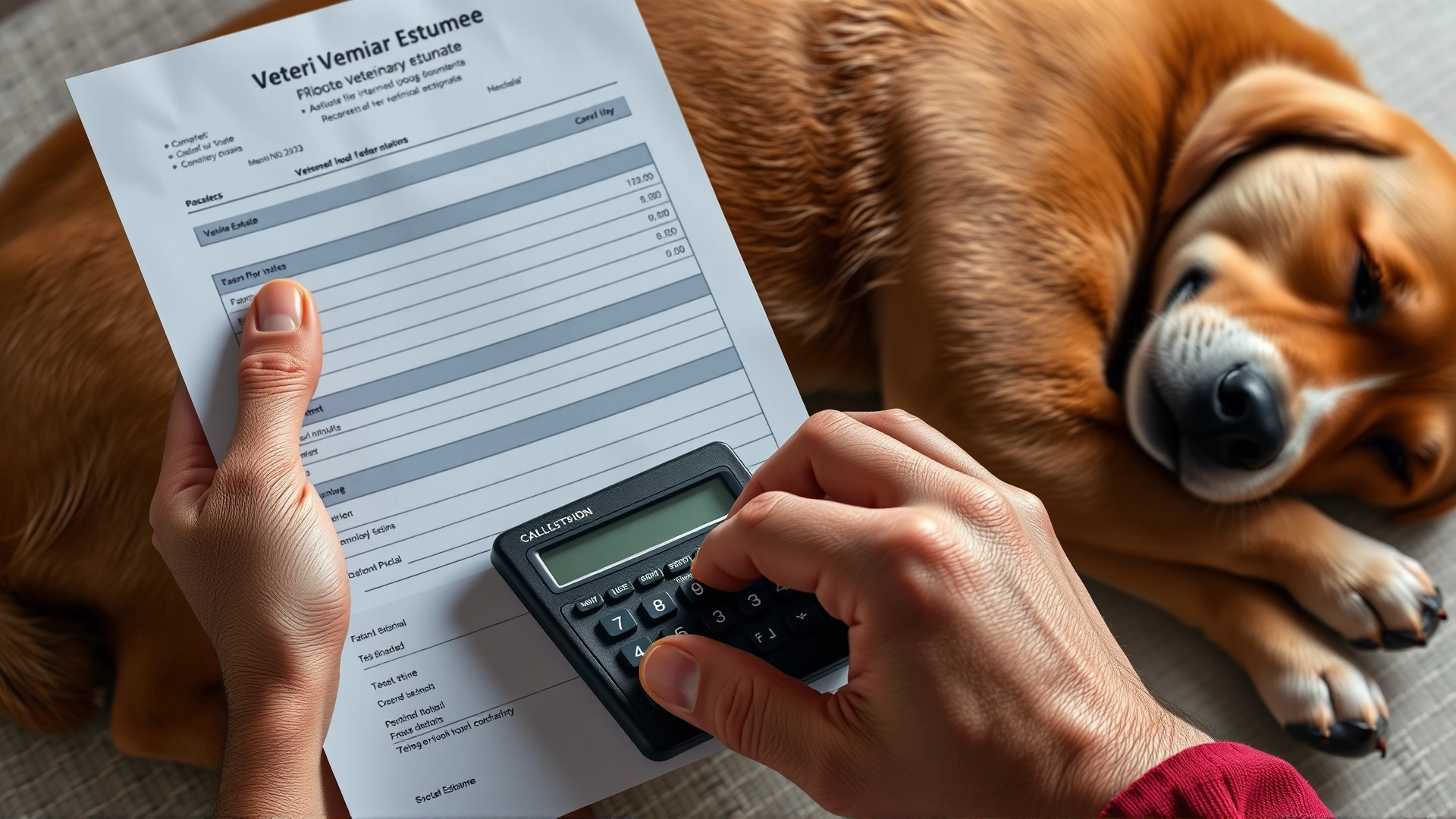 Human hands using a calculator next to a printed veterinary estimate, with a relaxed dog lying in the background.