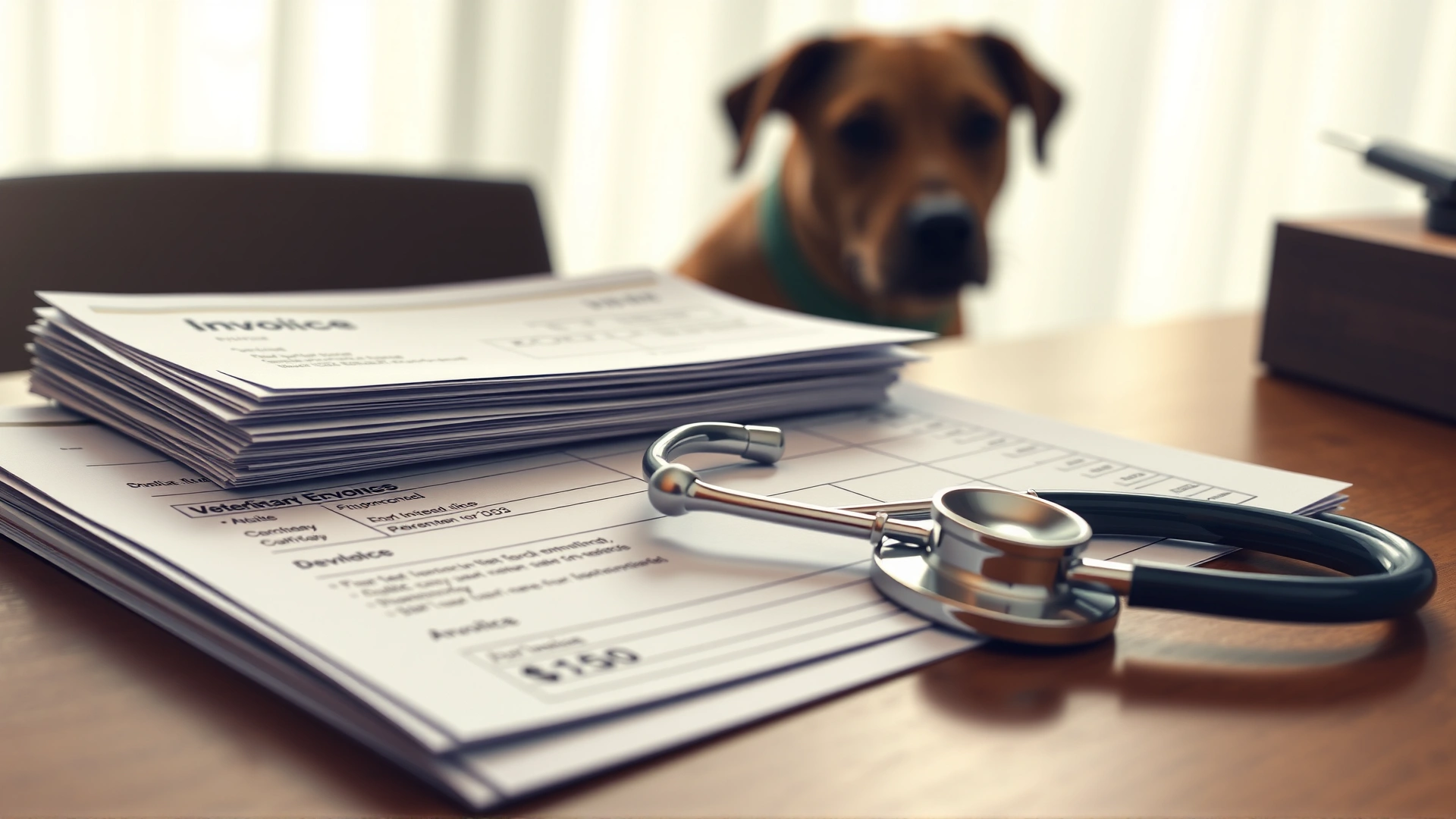 Stack of veterinary invoices and a stethoscope on a wooden desk with a blurred silhouette of a dog in the background to hint at medical expenses.