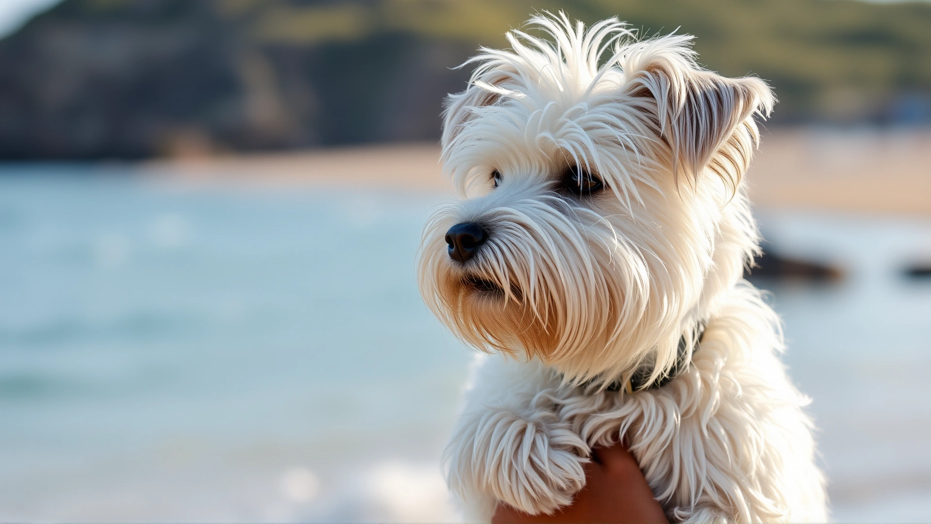 A Coton de Tulear being held by its owner near a beach, fur slightly tousled by sea breeze.