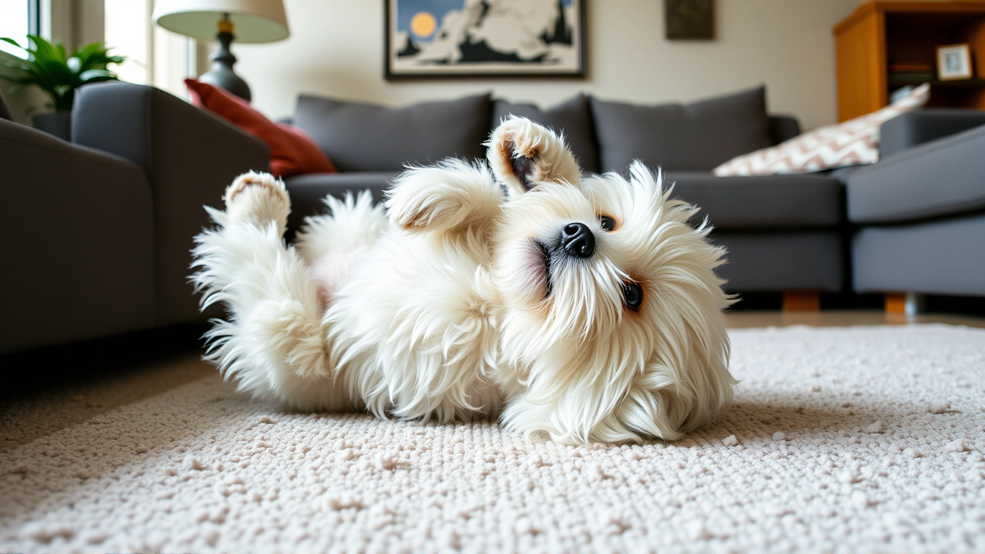 A Coton de Tulear puppy rolling on its back in a living room, displaying its fluffy cotton-like coat