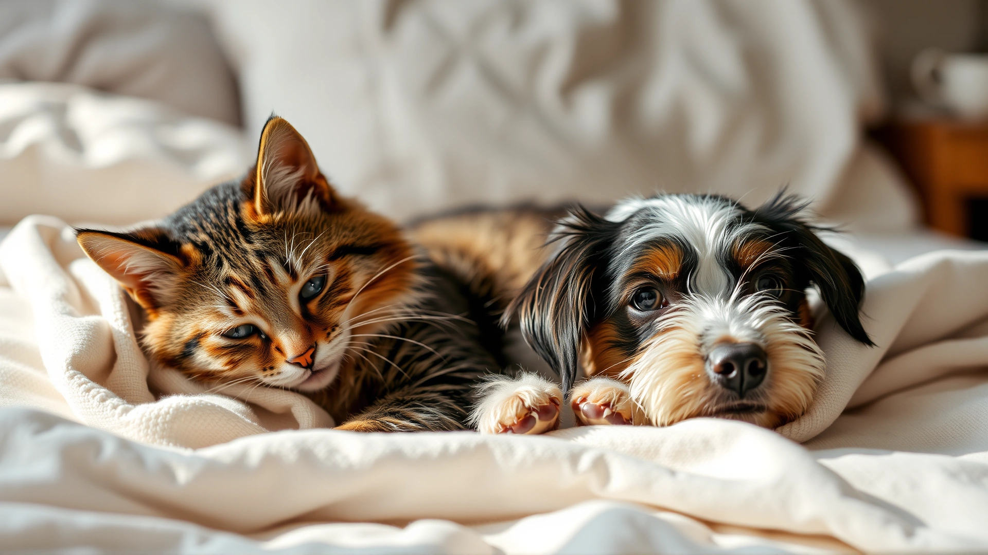 A tabby cat and a small dog sharing a light cotton blanket on a bed, looking comfortable and secure, daytime natural lighting