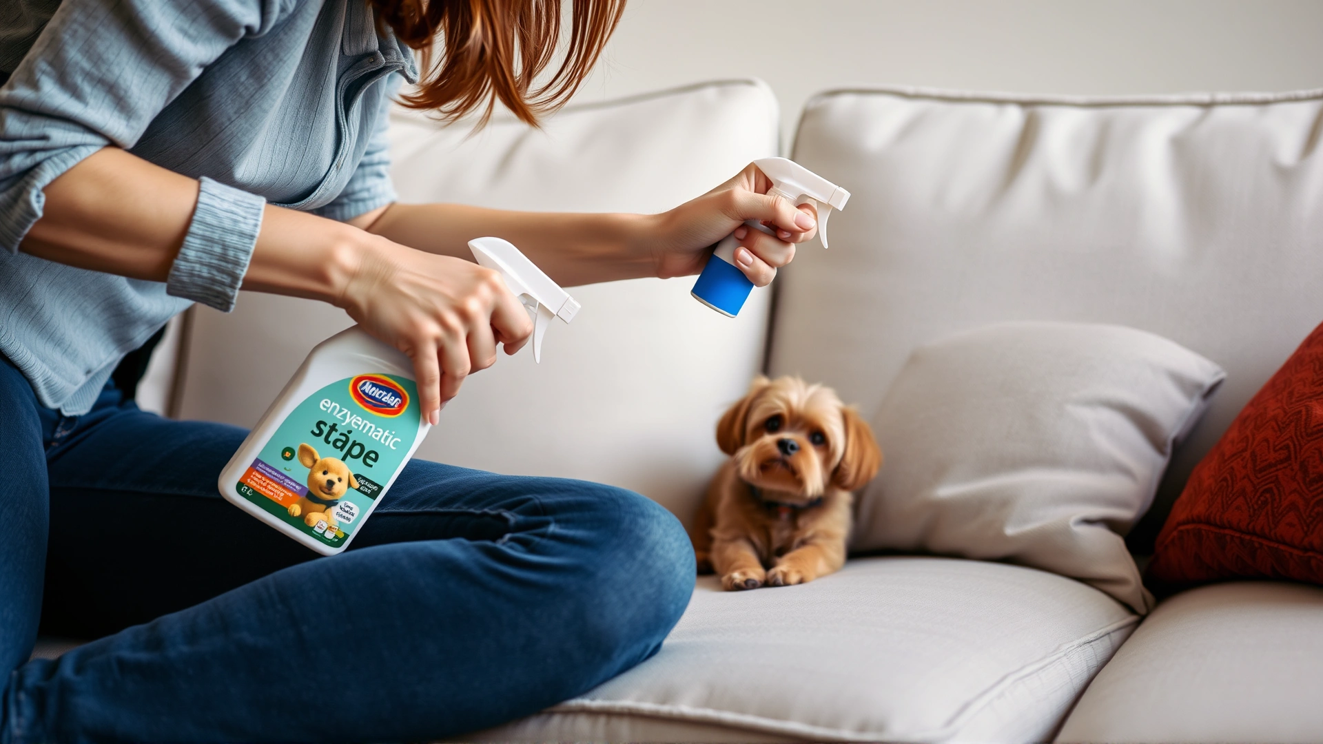 Woman spraying enzymatic cleaner on a light-colored fabric sofa cushion with a small dog watching curiously.