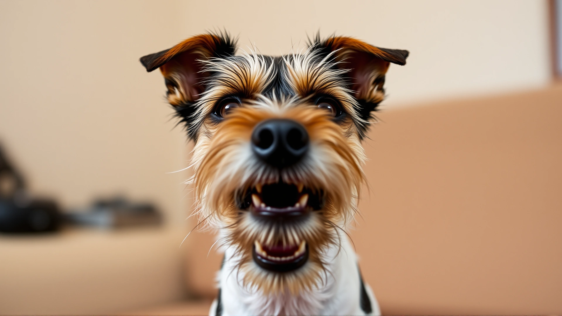 Small terrier captured mid-cough with mouth slightly open, front-facing, neutral indoor background, high shutter speed to freeze movement.
