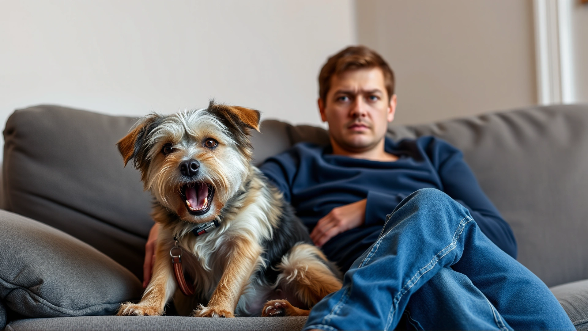Short-haired mixed-breed dog sitting on the sofa with mouth slightly open as if coughing, owner beside looking concerned. Soft interior lighting, no text.
