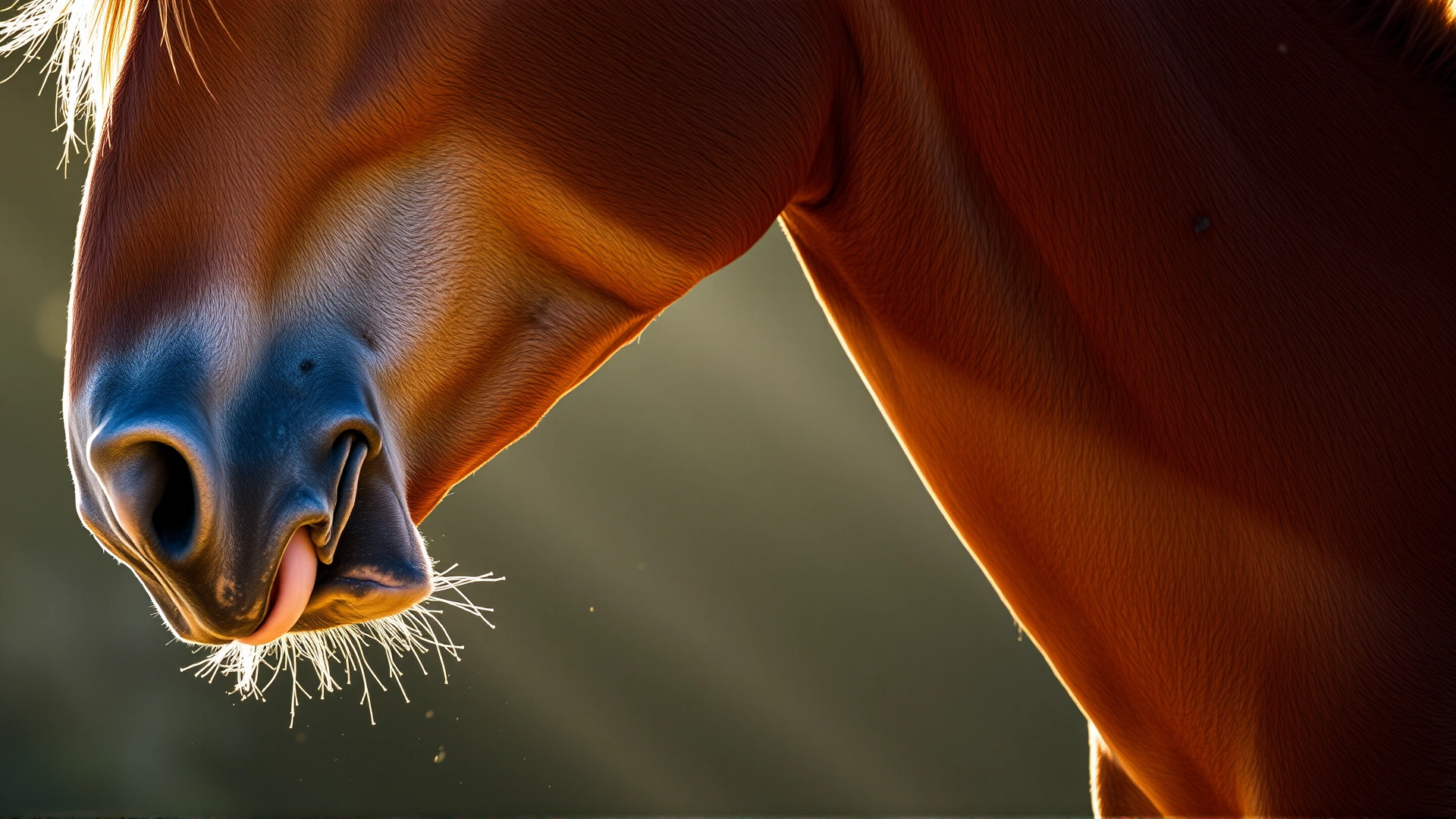 Side view of an adult horse with head lowered and mouth slightly open as if coughing, small dust particles visible in sunbeam for dramatic effect.