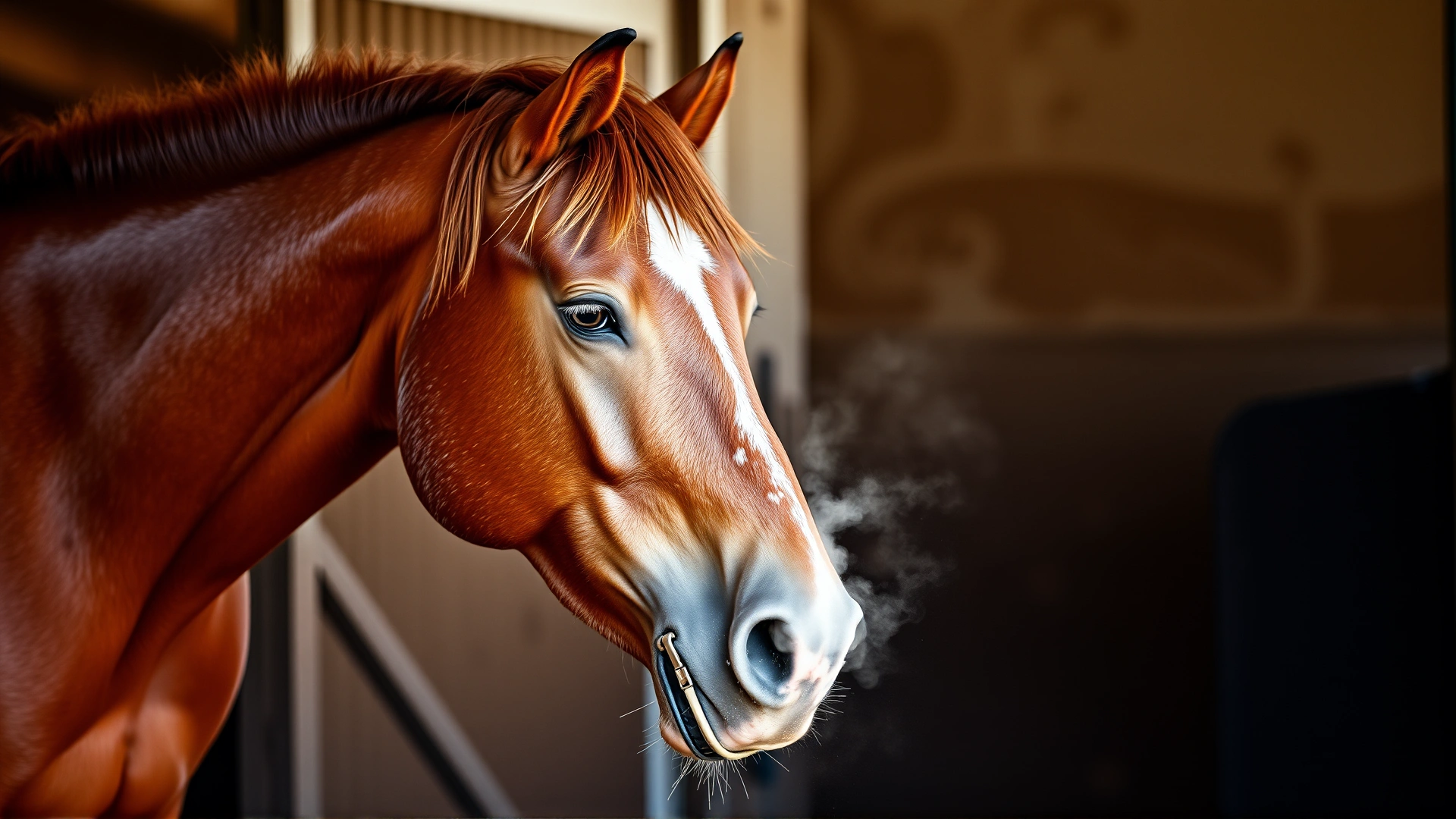 Chestnut horse lowering its head and coughing inside a stable; small cloud of dust emerging around its muzzle to illustrate respiratory irritation; shallow depth of field.