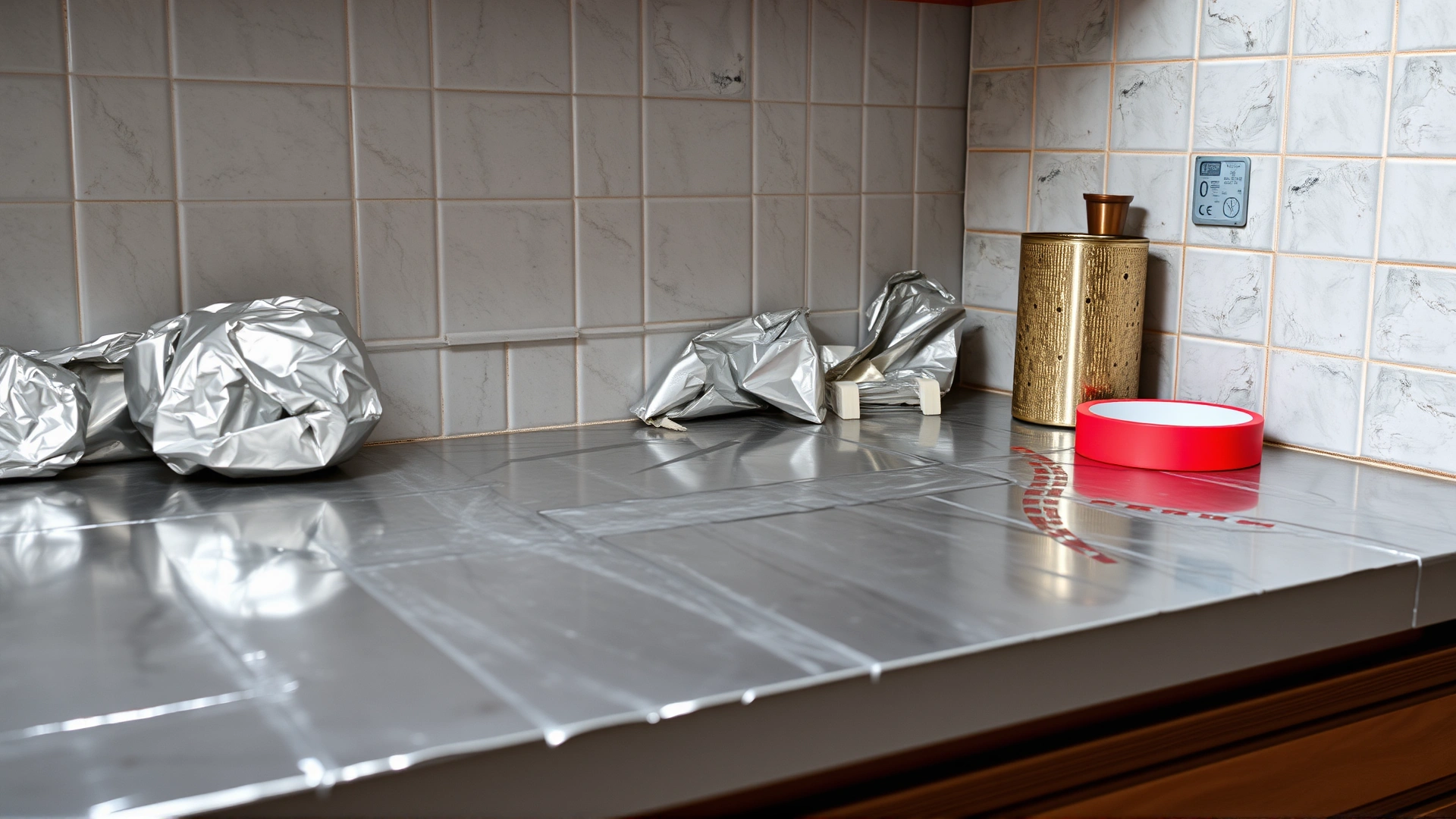 Kitchen countertop covered with strips of aluminum foil and double-sided tape as deterrents, no people present.
