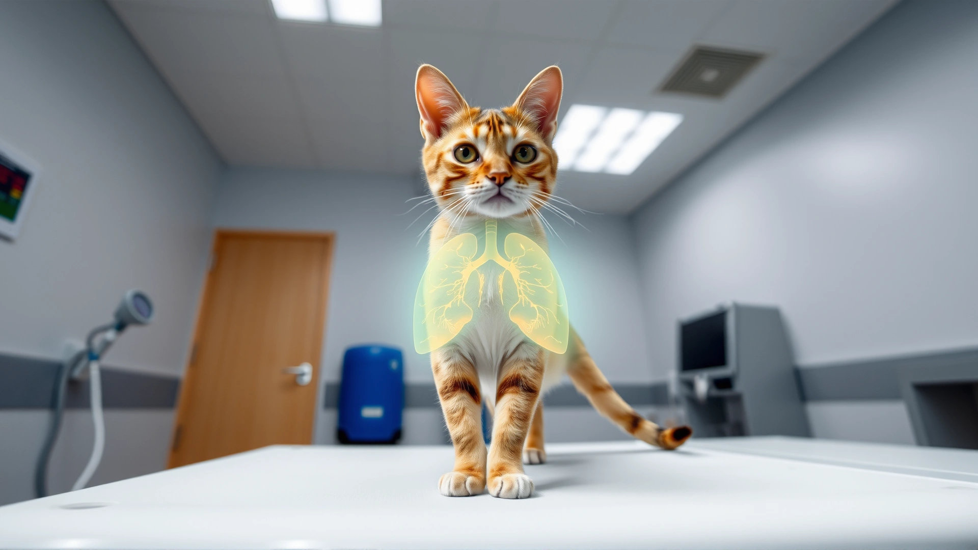 Wide angle photo of a healthy looking domestic cat standing on a veterinarian examination table with a faint illustrated overlay of lungs glowing on its chest, bright clinic lighting, no text.