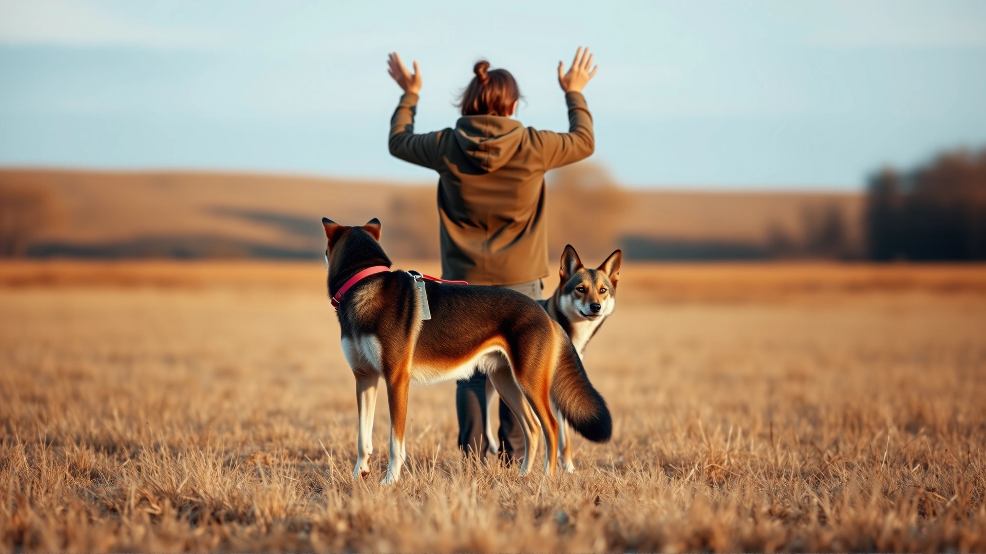 Human standing between their leashed dog and a coyote at a safe distance in an open field; person has arms raised, dog alert but calm—early morning light.