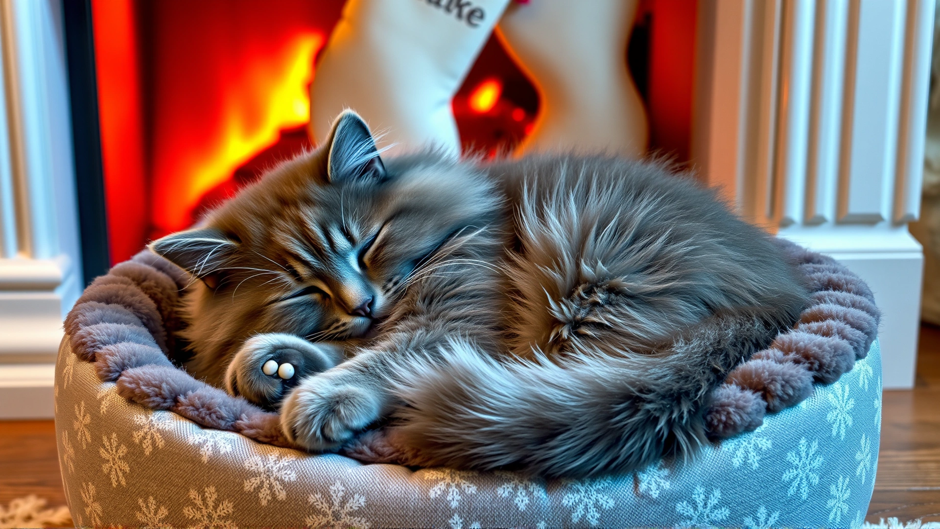 Fluffy gray cat sleeping in a plush snowflake-patterned pet bed beside a fireplace with stockings.