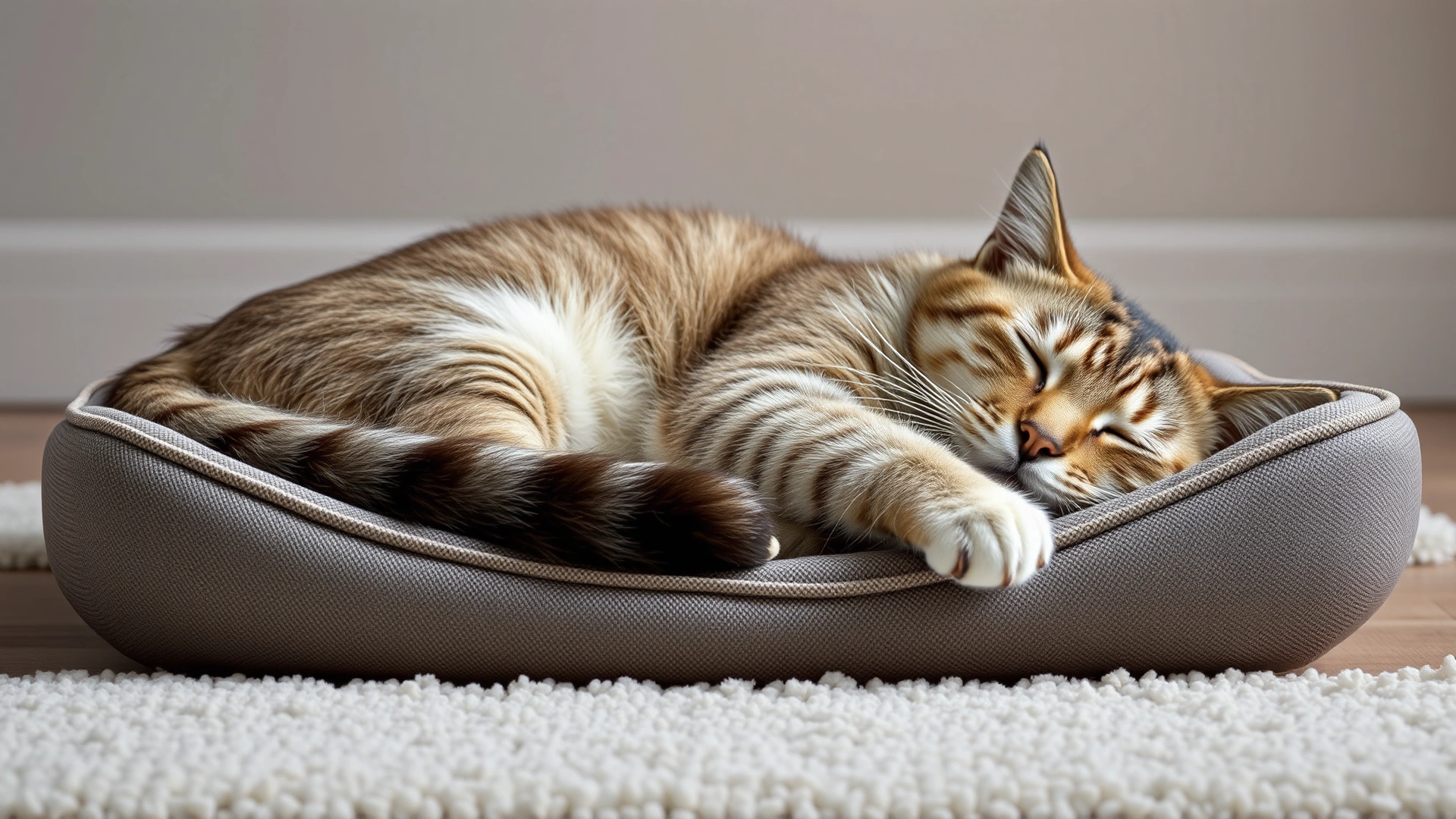 Senior cat comfortably sleeping on a low, orthopedic memory-foam pet bed