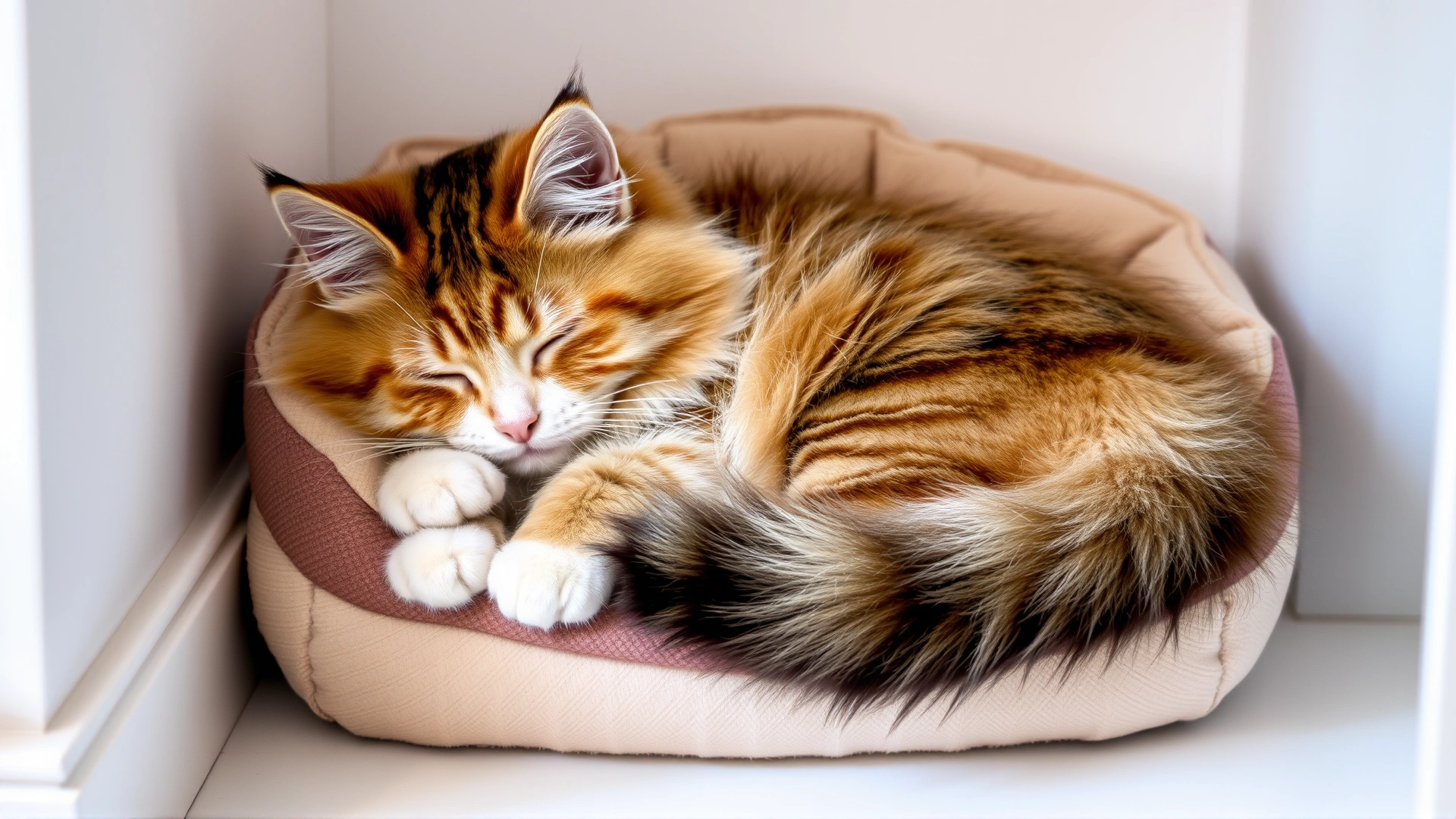 A fluffy cat sleeping comfortably in a cushioned cat bed placed in a quiet corner.