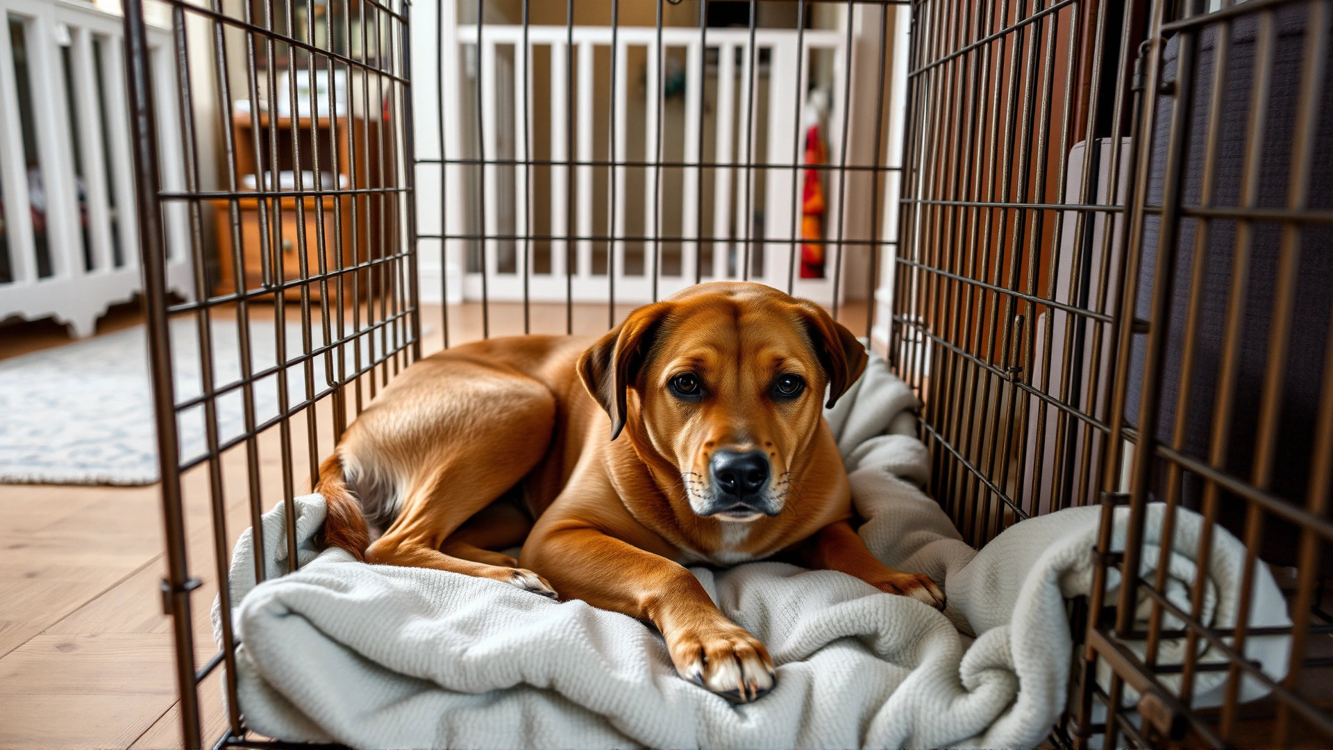 A calm dog lying inside a roomy crate lined with clean blankets, with baby gates visible in the background of a tidy home environment.